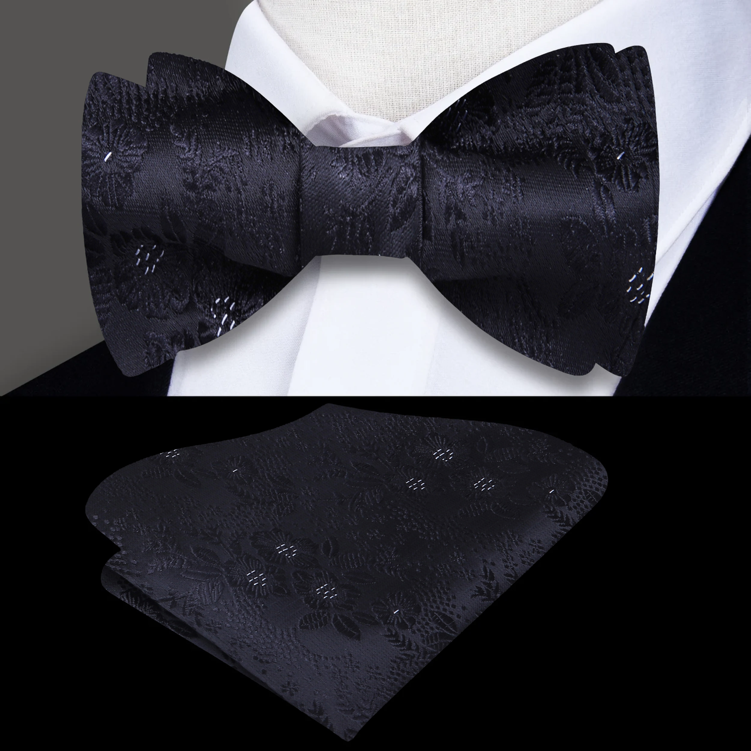 A Black, White Detailed Flowers Pattern Self Tie Bow Tie
