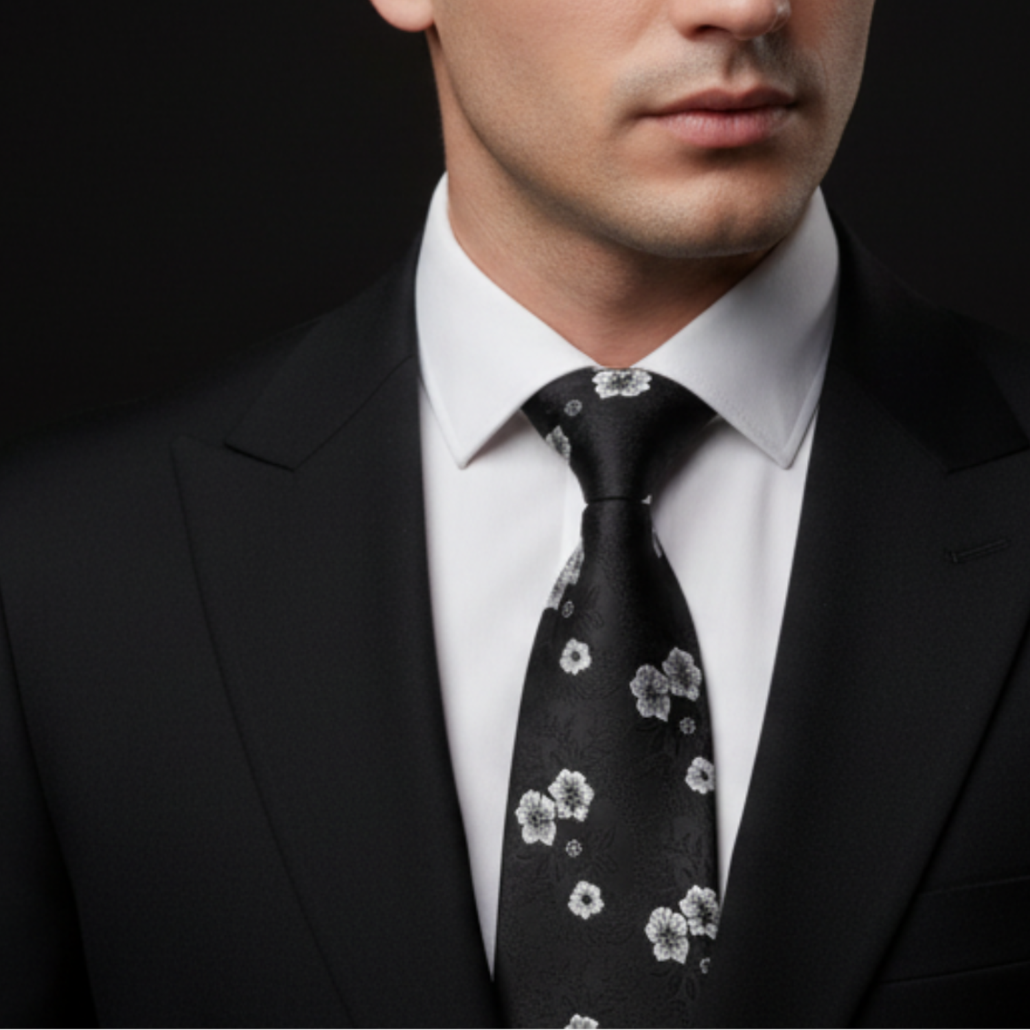 Man wearing a black suit with a white floral tie against a dark background