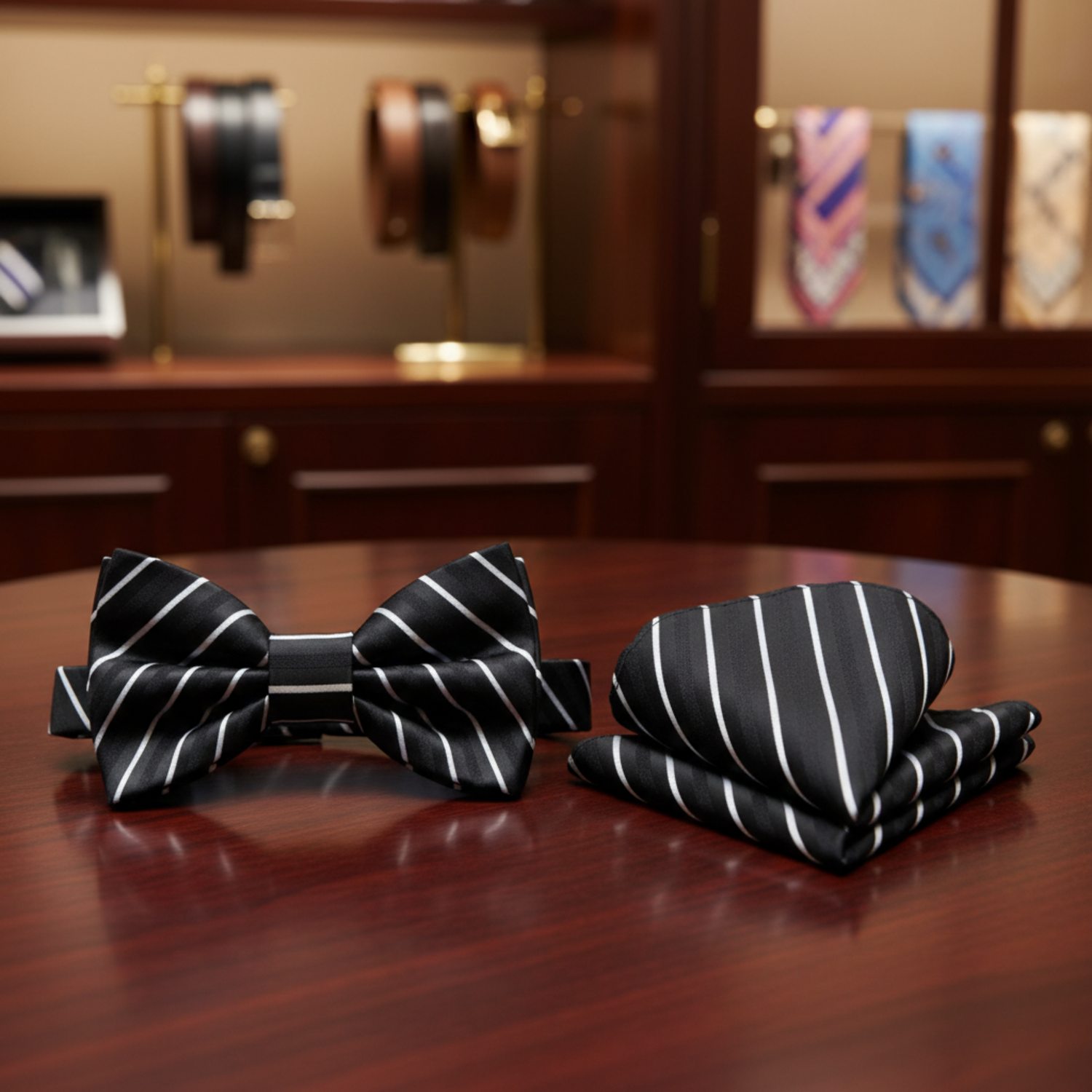 Black with White Pinstripe Bow Tie and Matching  Square