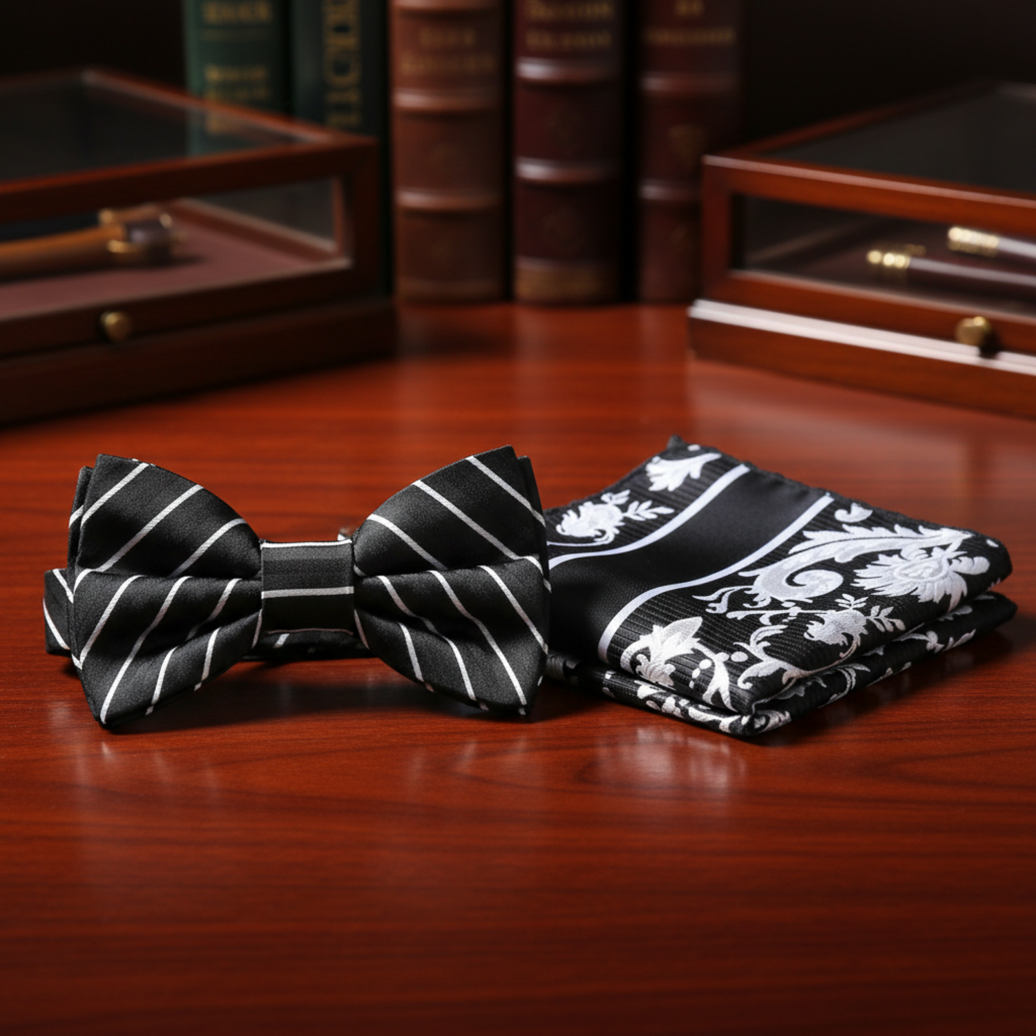 Main View: Black with White Pinstripe Bow Tie and Accenting Black, White, Grey Floral Square