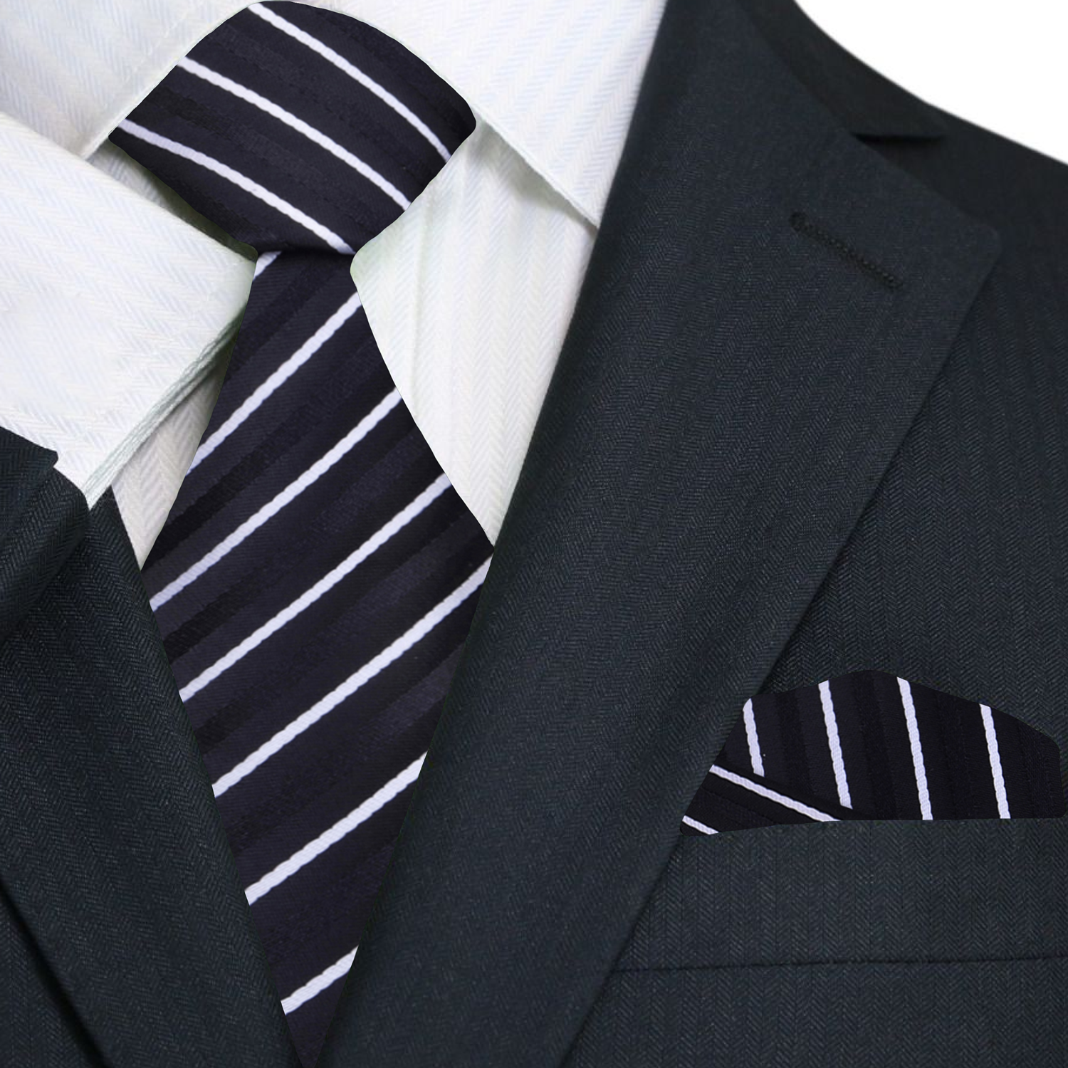 Black, White Stripe Tie and Square ||Black, White