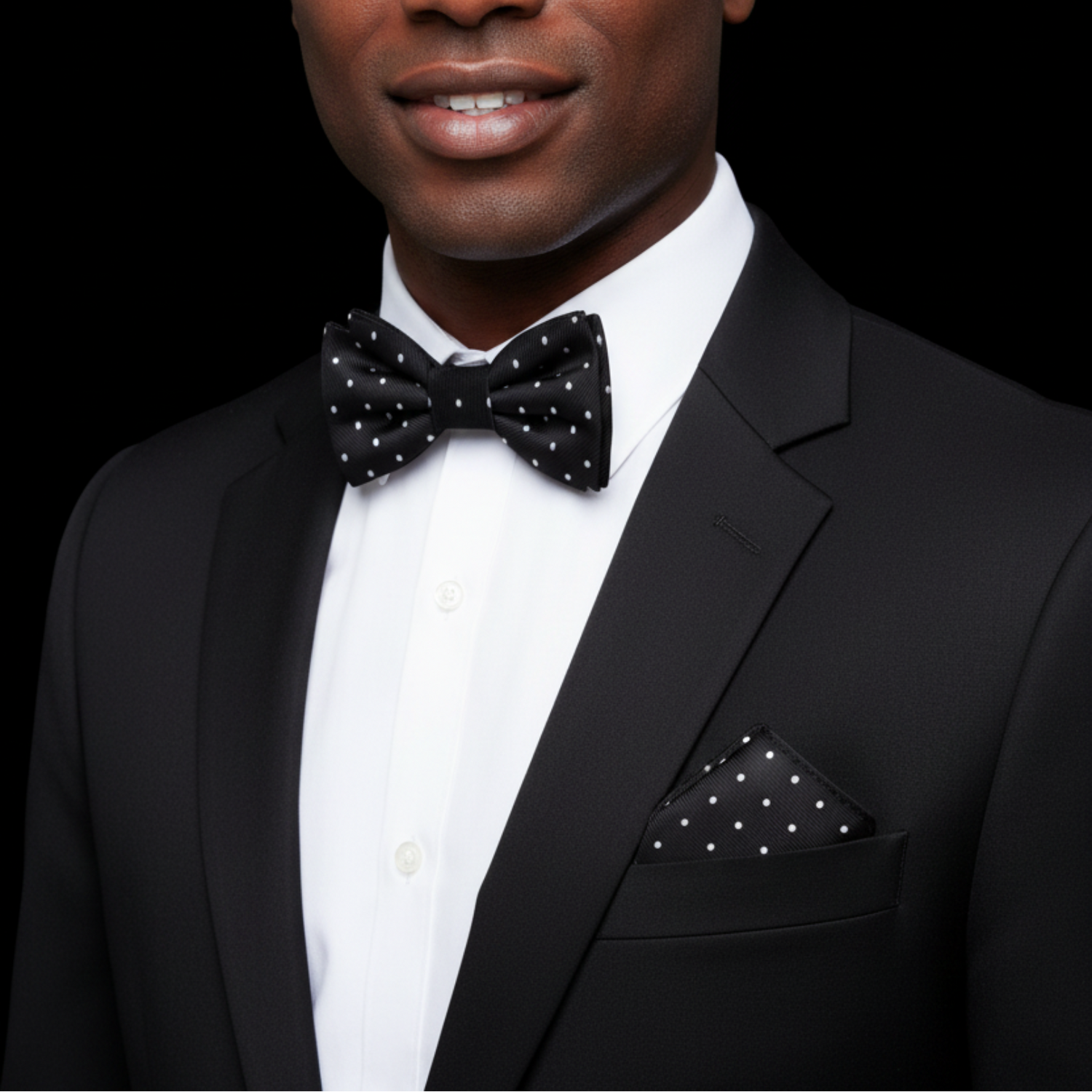 Man wearing a black tuxedo with a polka dot bow tie and pocket square on a black background