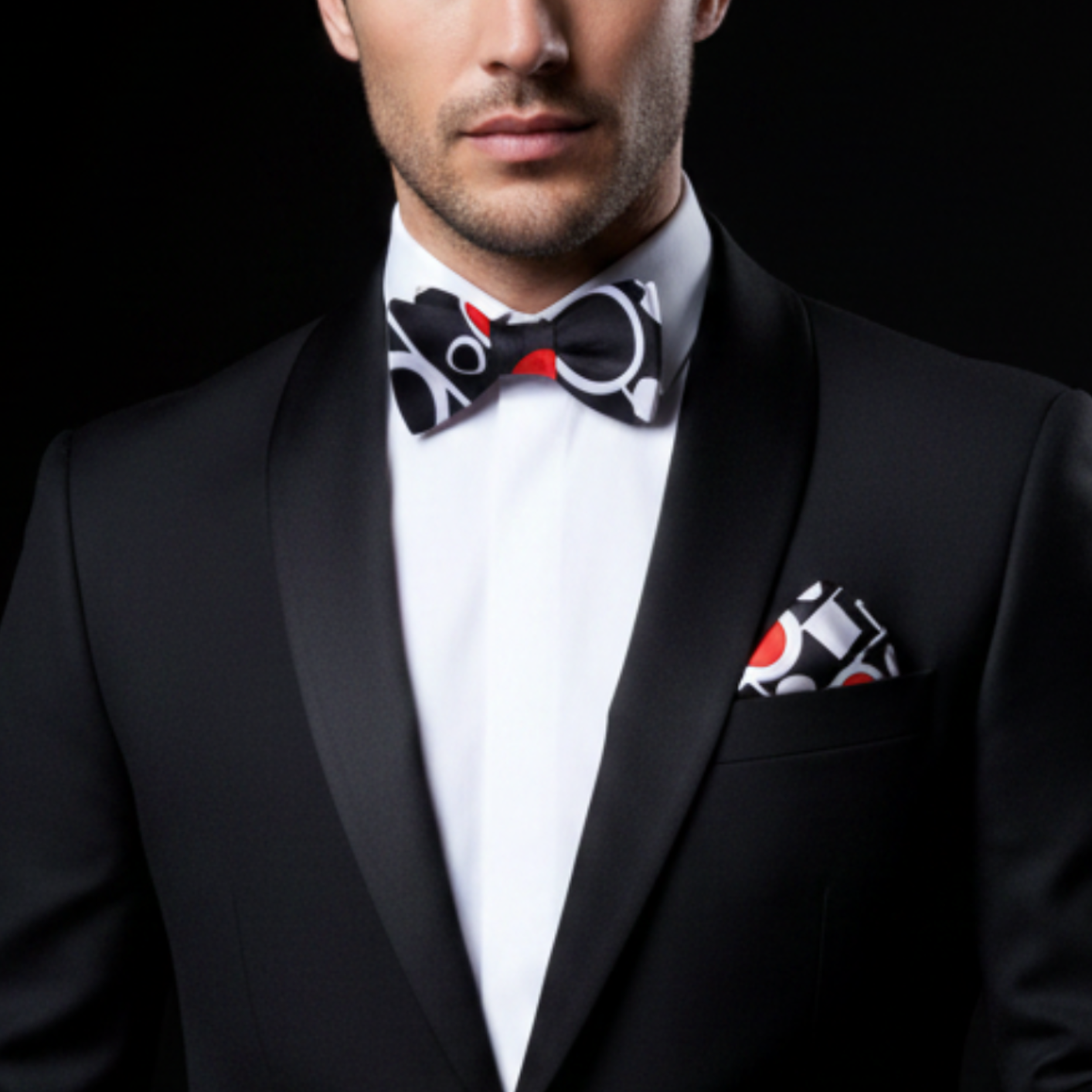 Man wearing a black suit with a patterned bow tie and pocket square on a black background