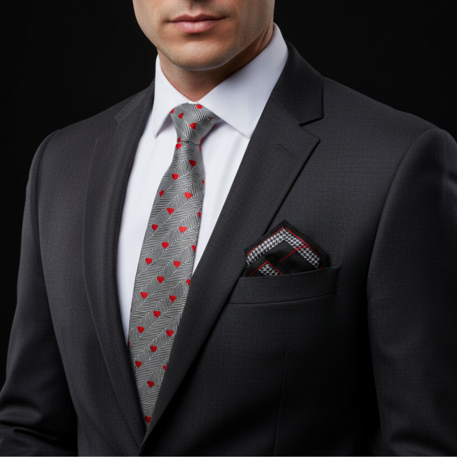 Silver Gray Stripe Red Hearts Tie with Pocket Square Option