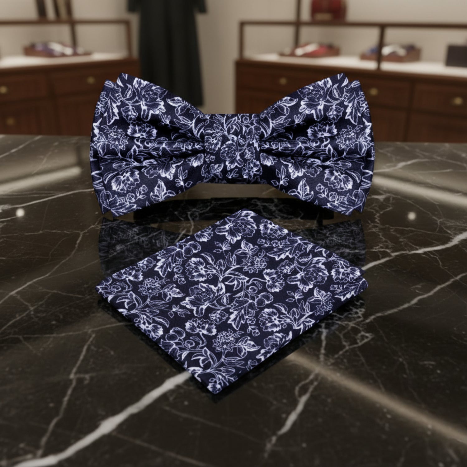 Black, White Filigree Single Bow Tie and Square 12