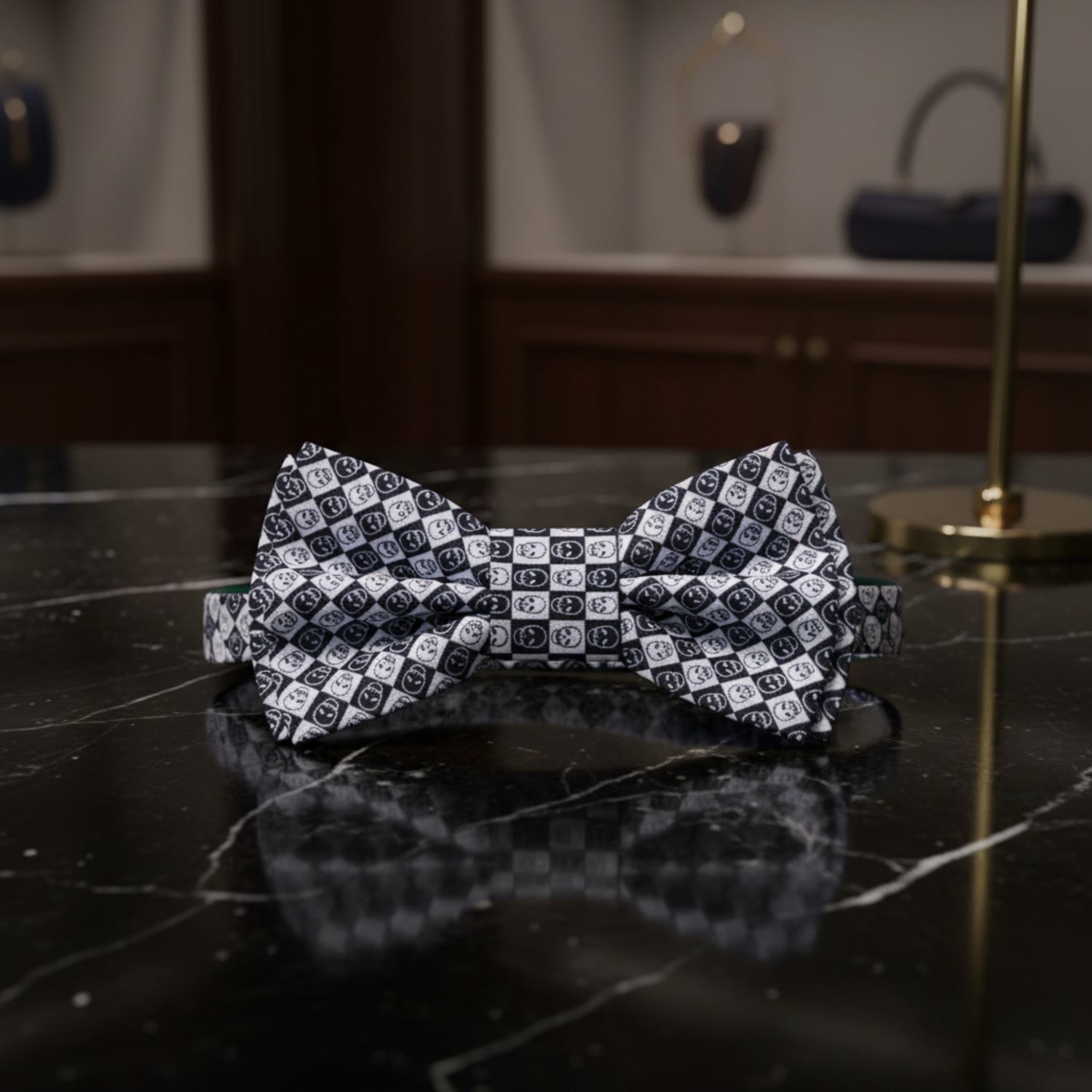 Black, White Checkered Skull Bow Tie Pre Tied