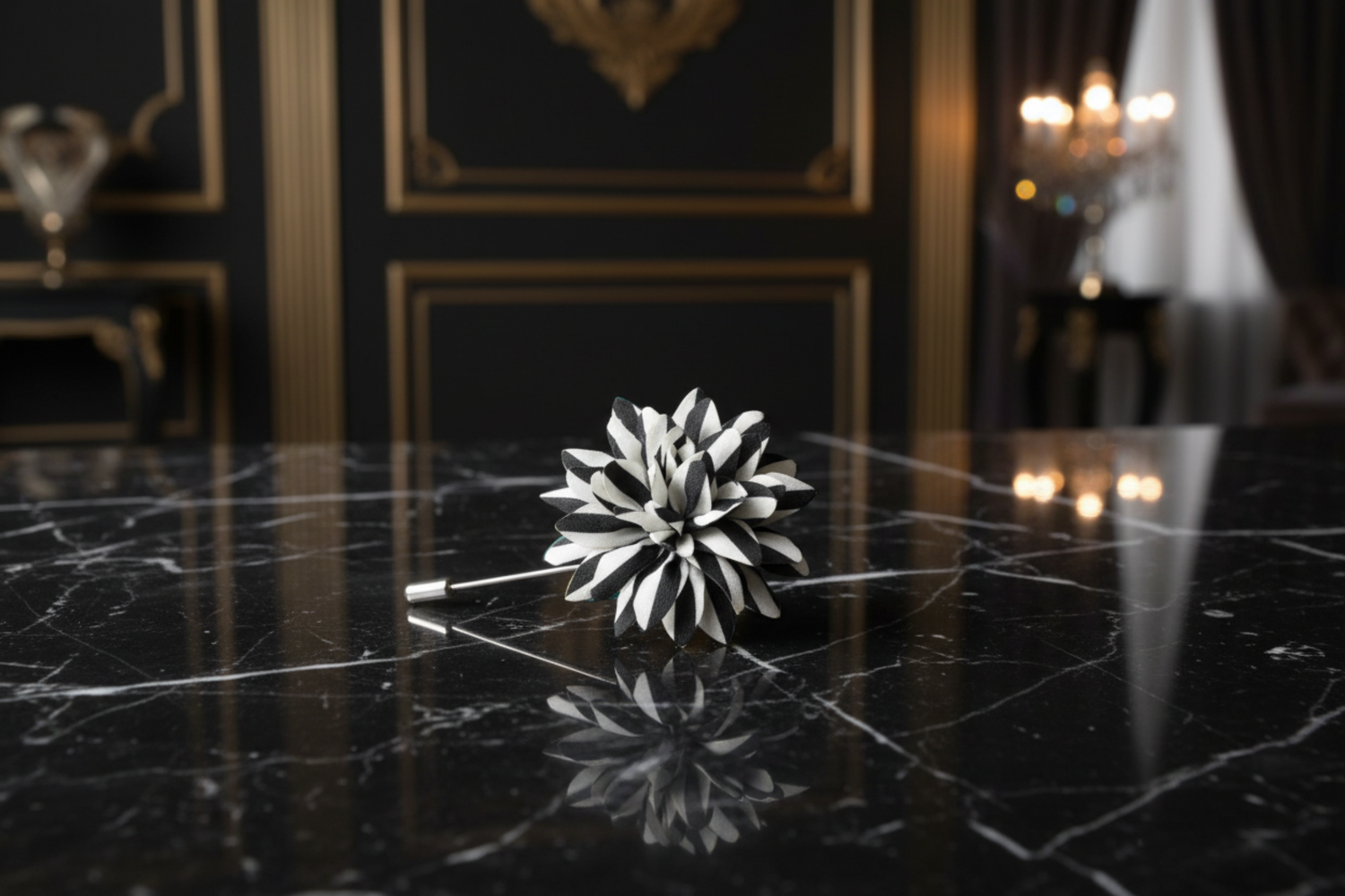 A Black, White Stripe Flower Lapel Pin