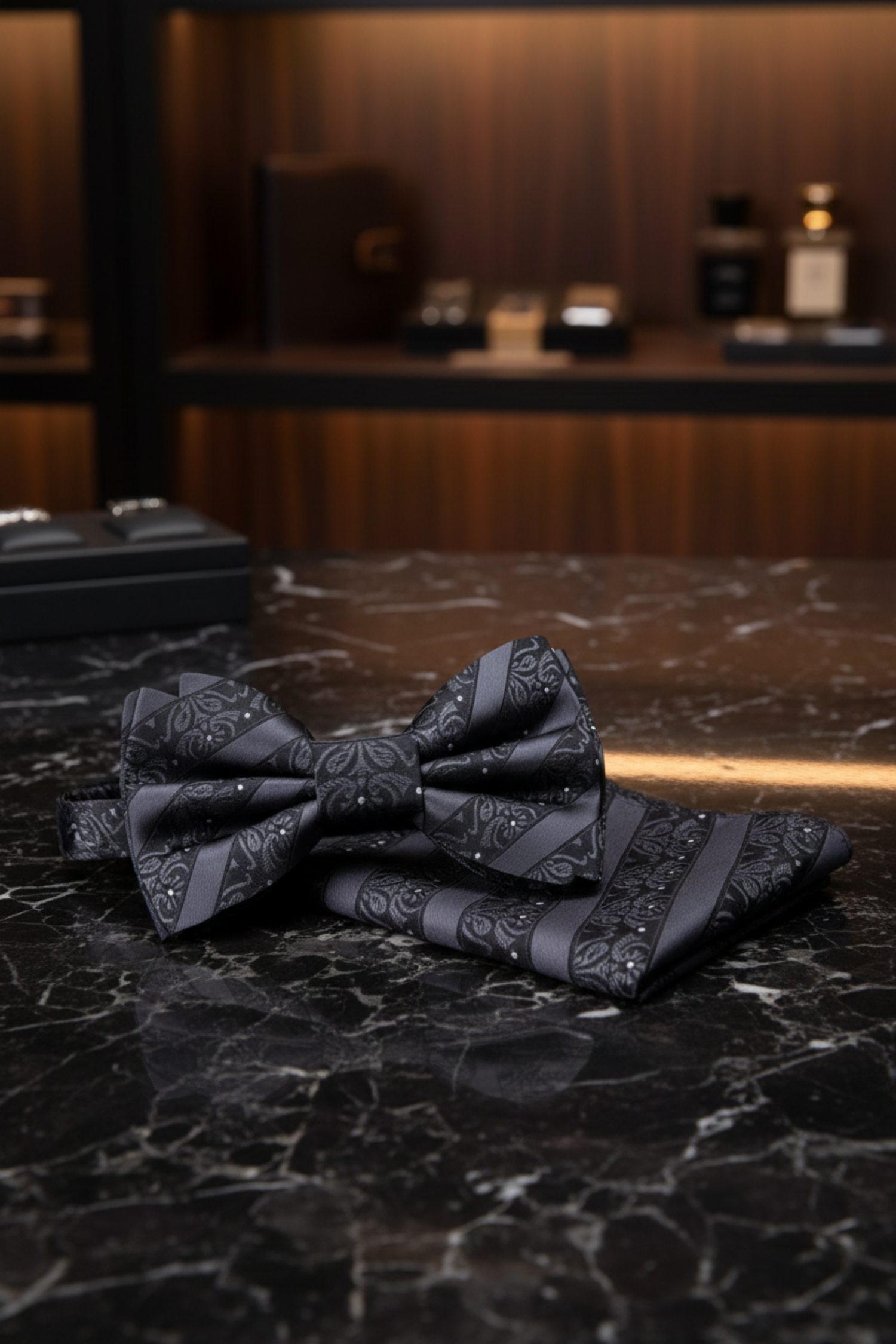 Black, White Dot Floral Texture Bow Tie and Square