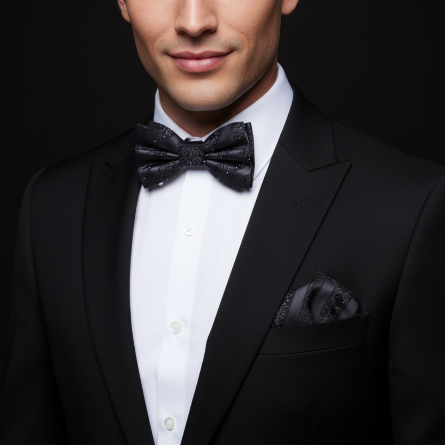 Man wearing a black tuxedo with a bow tie and pocket square on a dark background