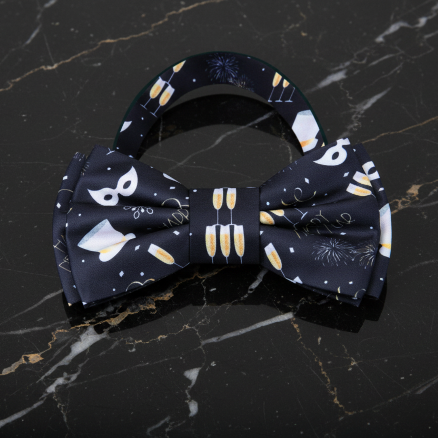 Black, White and Gold Champagne, Mask, Hat, Fireworks Happy New Year Bow Tie Pre Tied