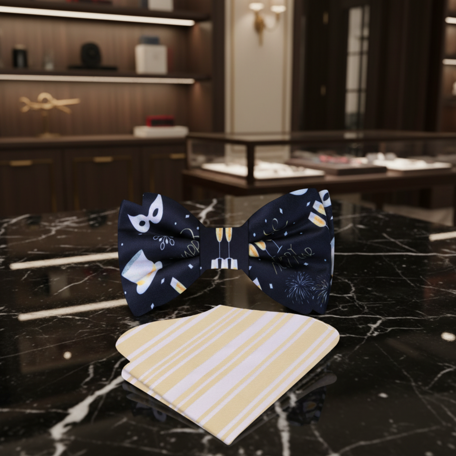 Black, White and Gold Champagne, Mask, Hat, Fireworks Happy New Year Bow Tie and Accenting Square