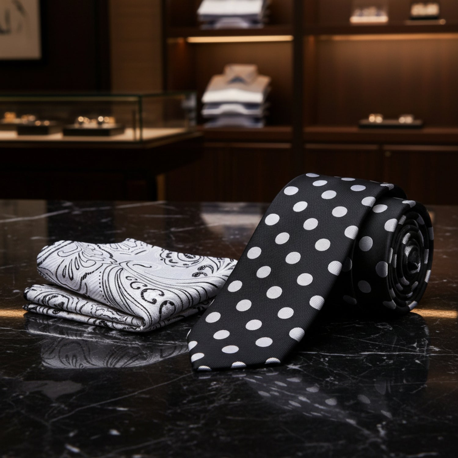 Alt View: Black, Light Grey Polka Necktie with Light Grey, Black Paisley Square