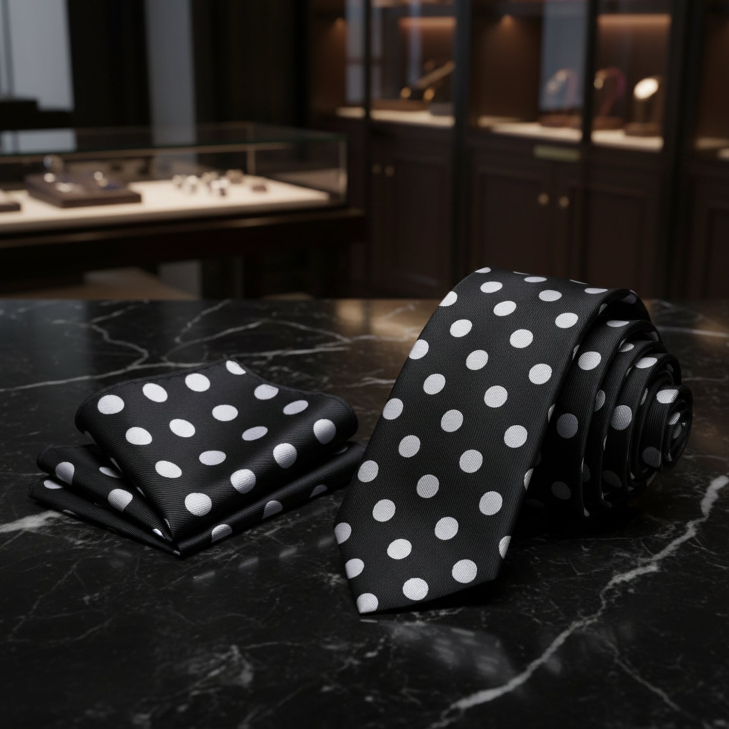 Alt View: Black, Light Grey Polka Thin Tie with Matching Square