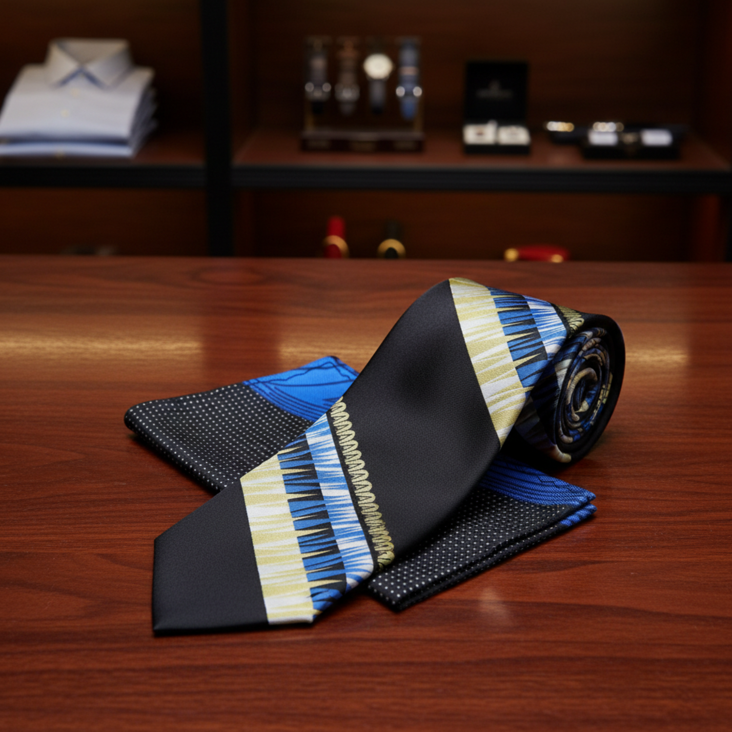 Alt Blue, Black and Yellow Abstract Necktie and Accenting Blue black Abstract Square