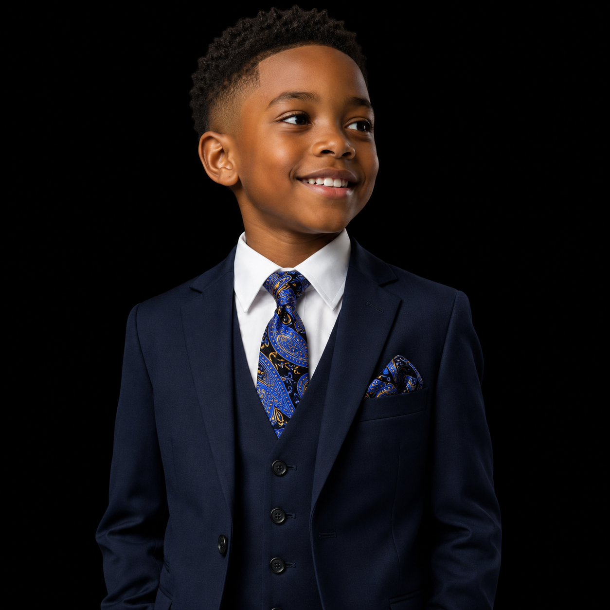 A young boy wearing a navy blue three-piece suit with a white dress shirt, a blue paisley patterned tie, and a matching pocket square, set against a solid black background.
