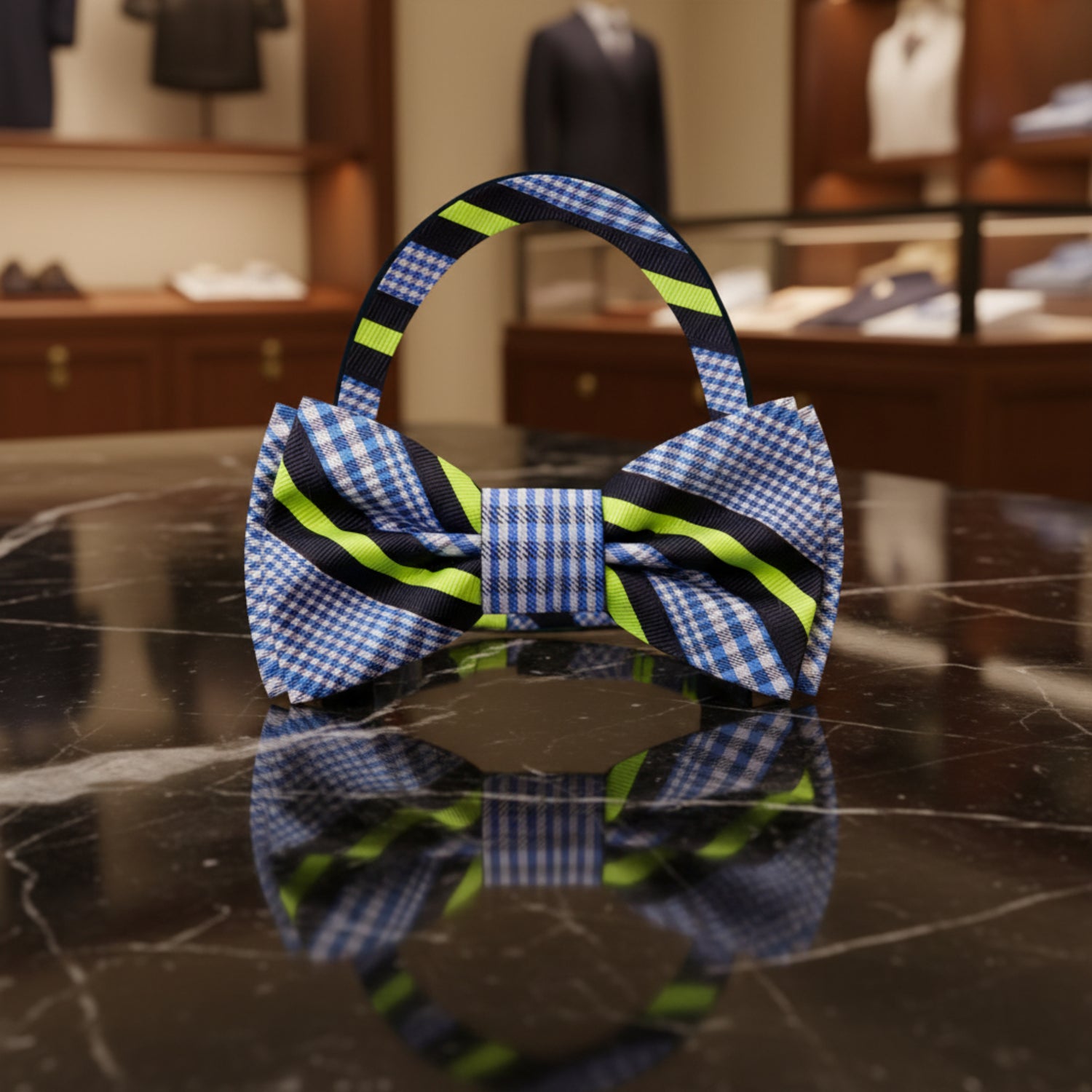 White, Blue Plaid Stripe Bow Tie Pre Tied