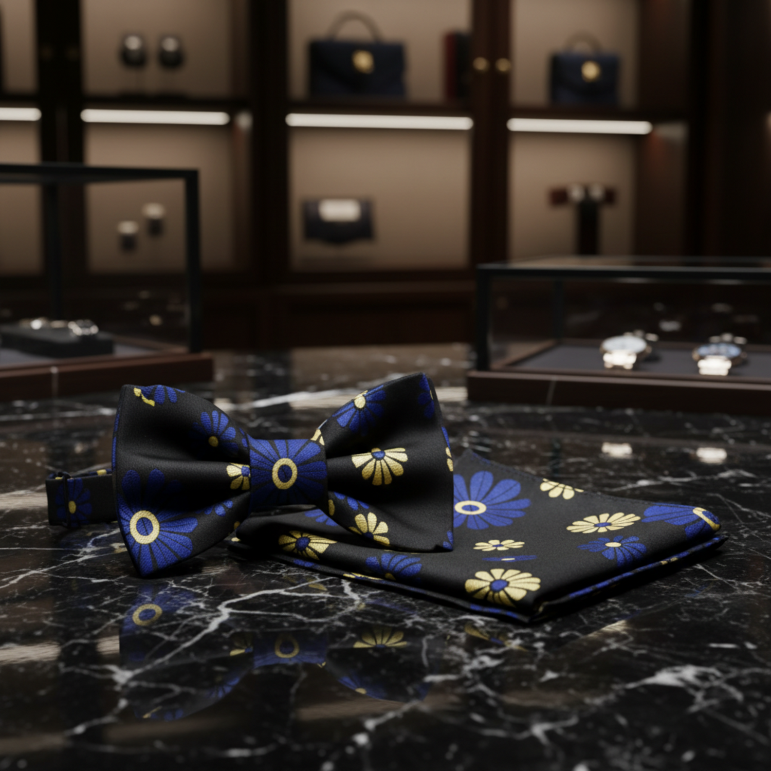 Cactus Flower Bow Tie and Pocket Square||Blue, Gold