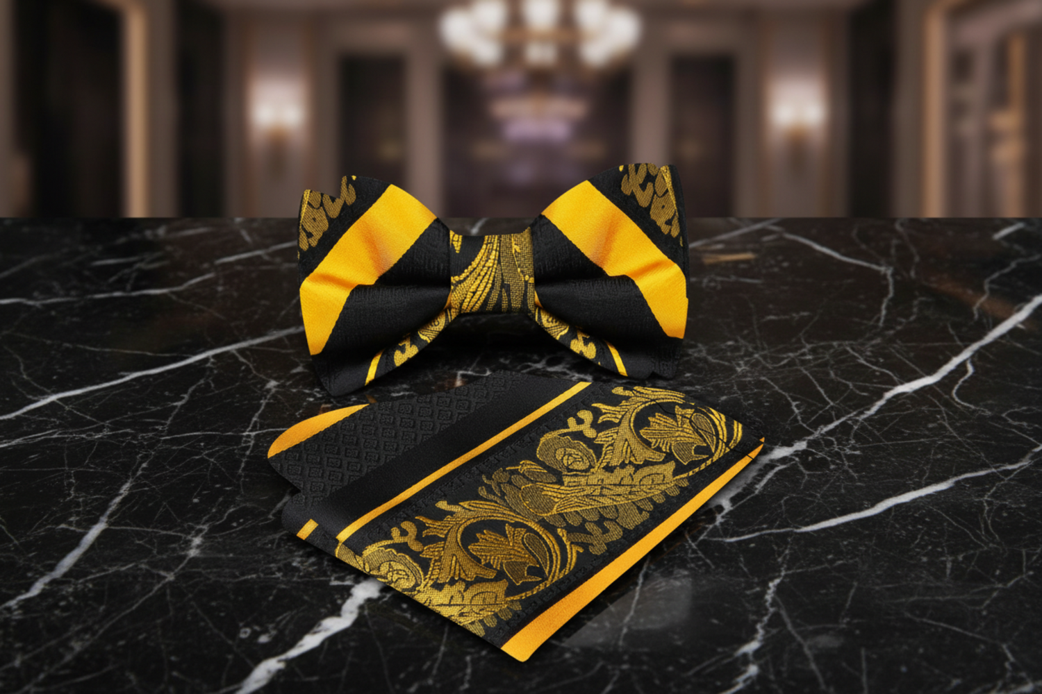 Black, Yellow Floral Stripe Bow Tie and Square