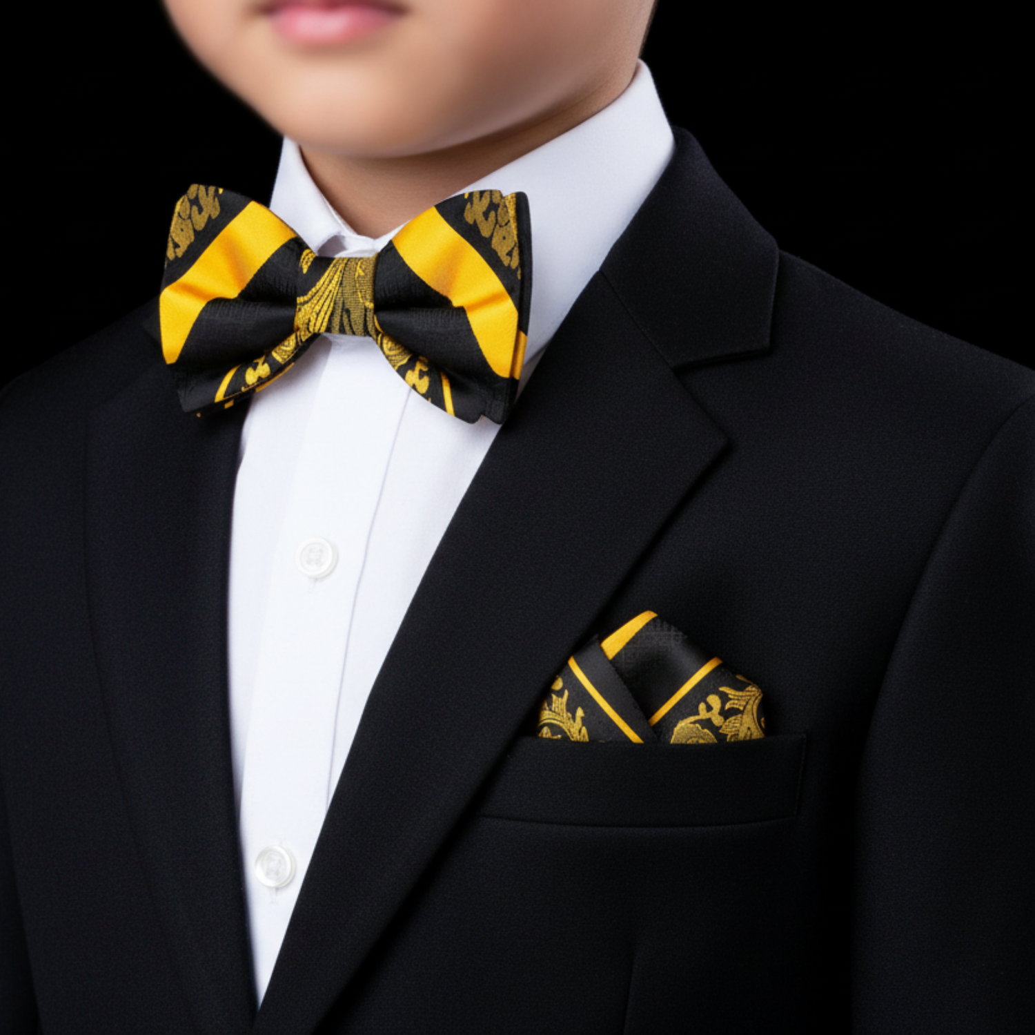 Black suit with yellow and black bow tie and pocket square on a black background