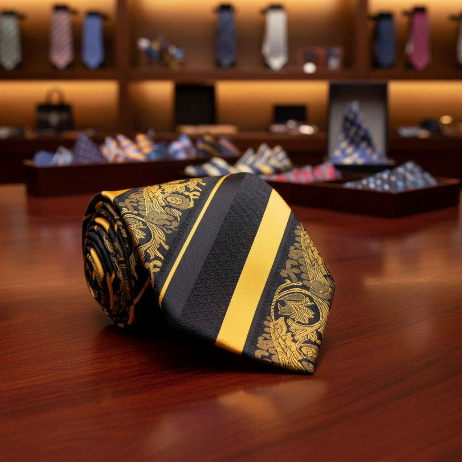 Black, Yellow Paisley Stripe Tie
