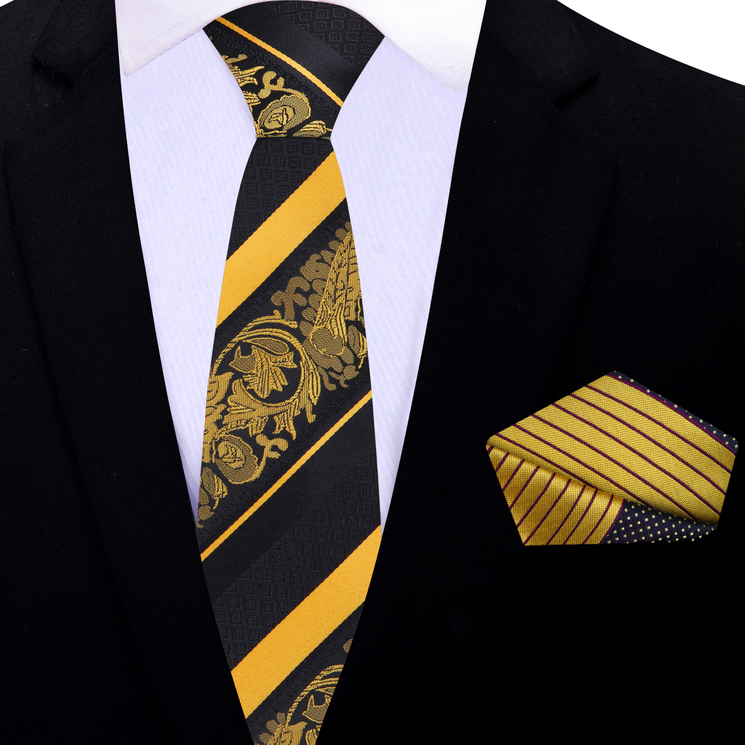 Black, Yellow Paisley Stripe Thin tie and Accenting Square