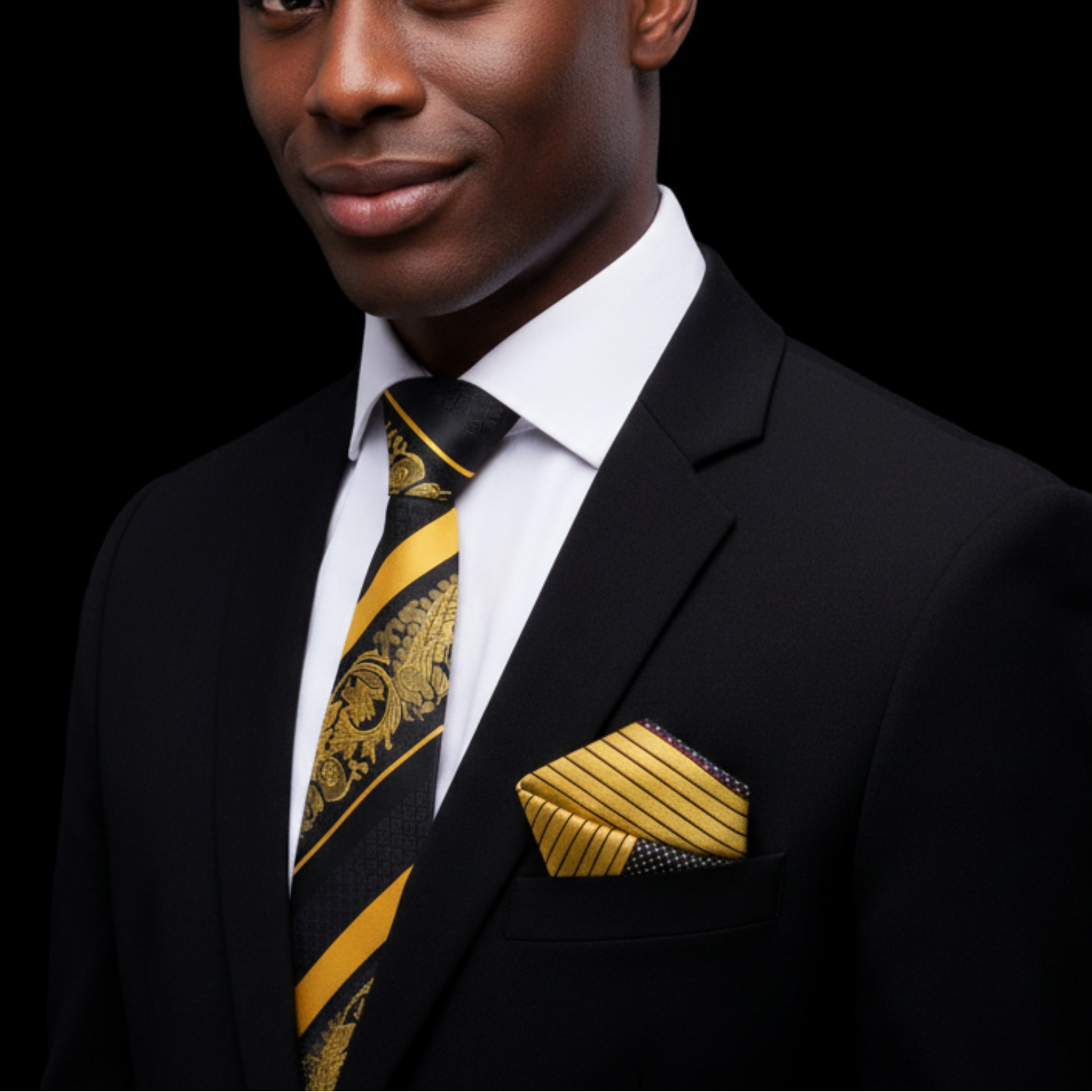 Black, Yellow Paisley Stripe Thin tie and Accenting Square on man