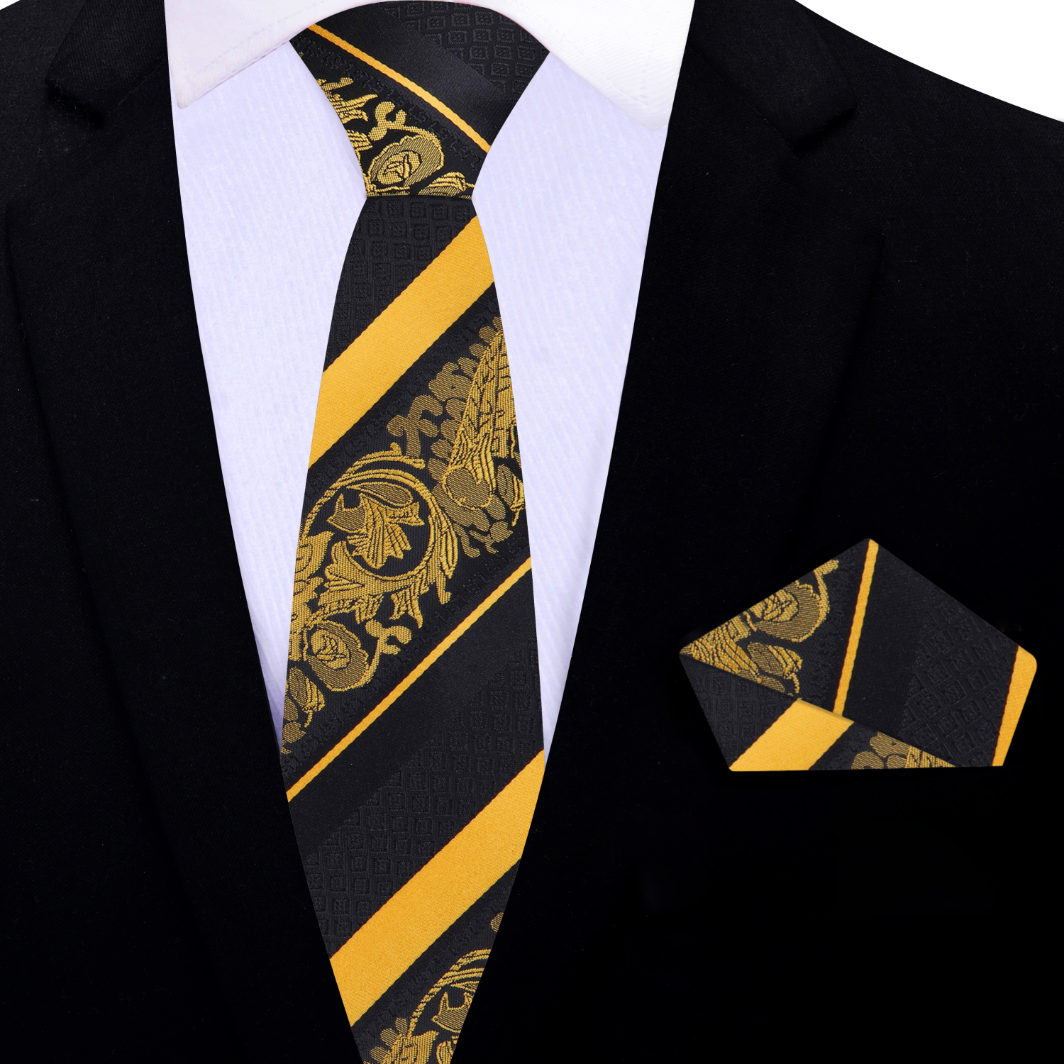 Black, Yellow Paisley Stripe Thin tie and Square