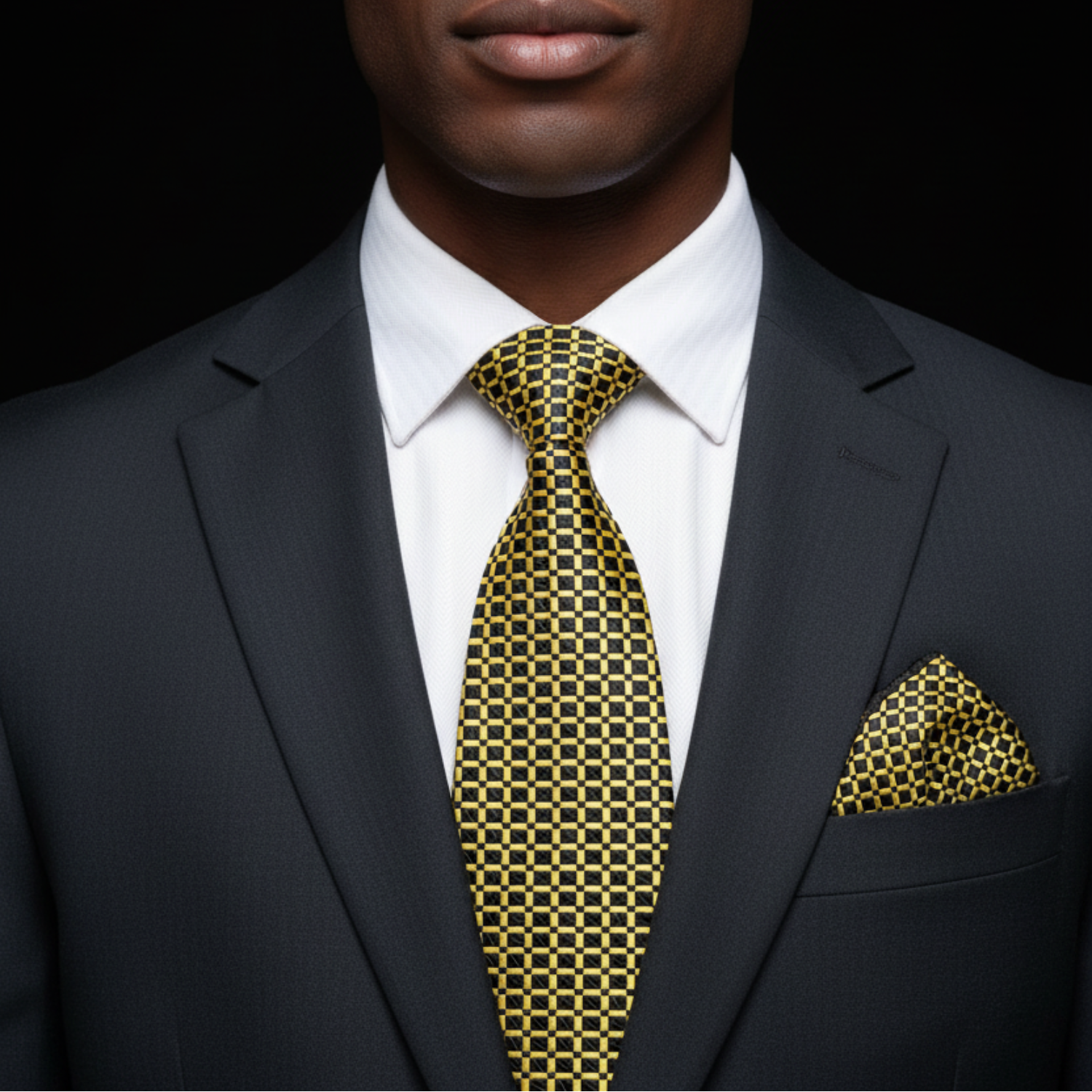 Main: A Black, Gold Small Geometric Check Pattern Necktie, Matching Pocket Square