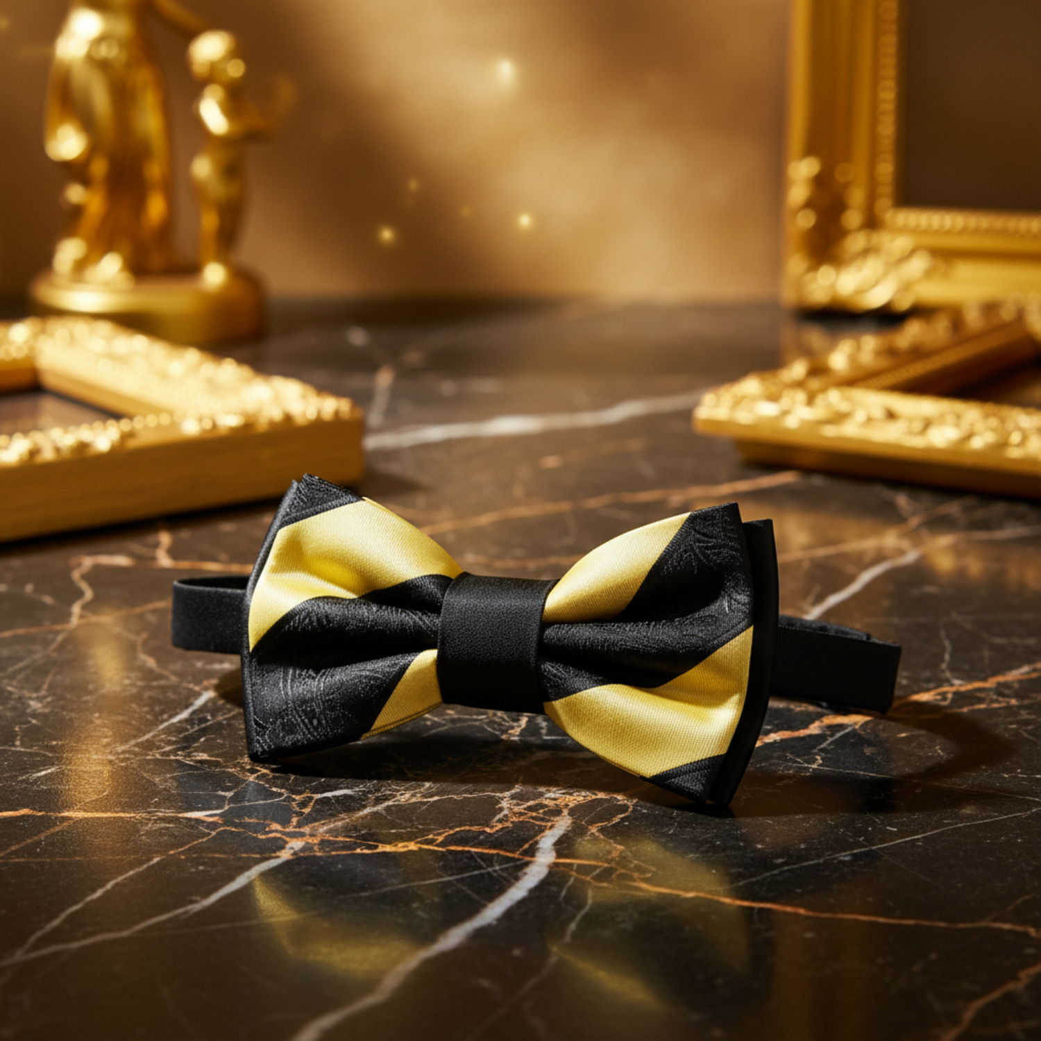 Black Yellow Luxurious Paisley Stripe Double Sided Bow Tie Pre Tied