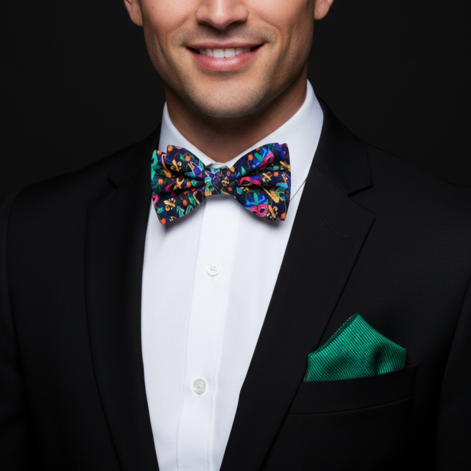 Black, Blue, Pink, Yellow, Purple Mardi Gras Masks Bow Tie and Accenting Square
