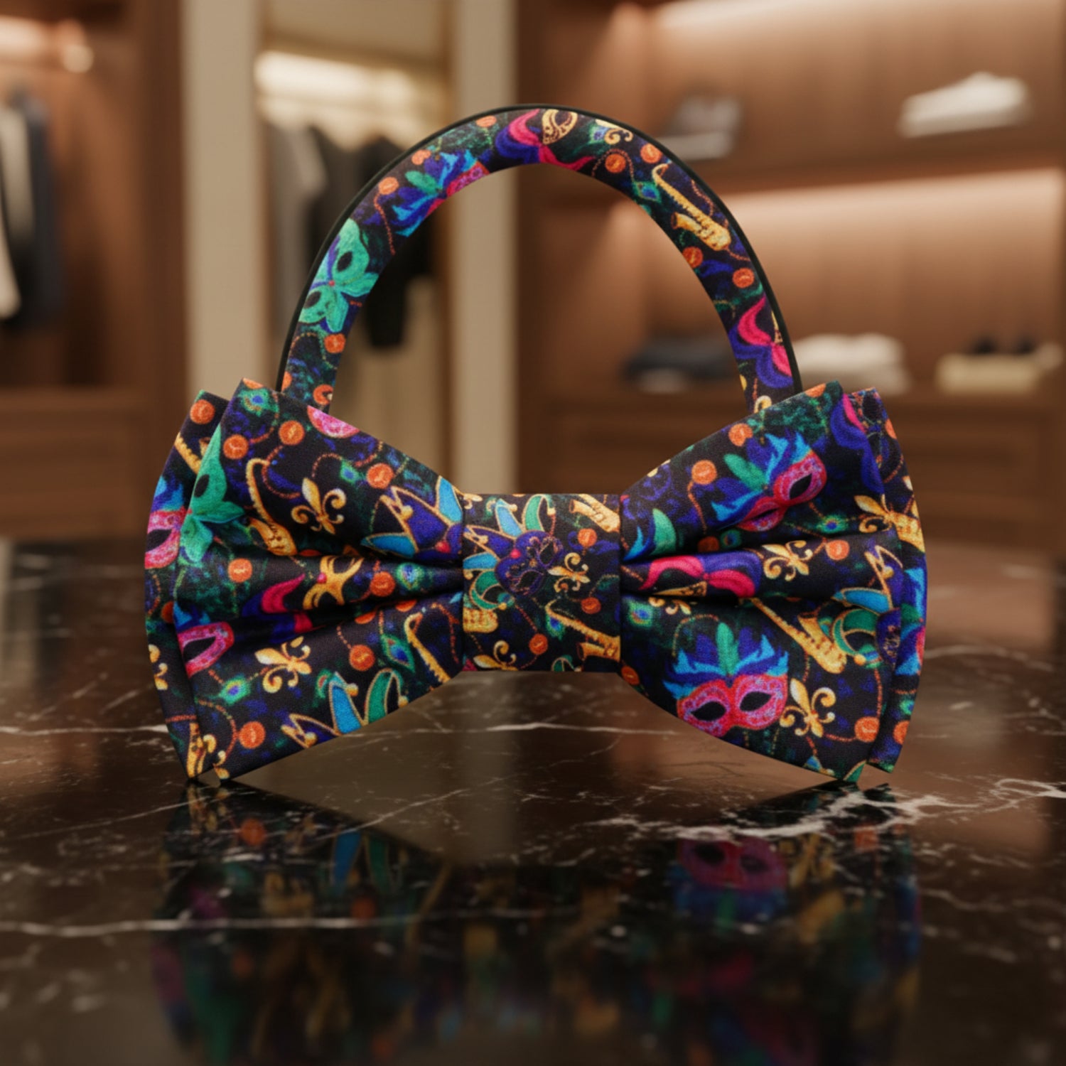 Black, Blue, Pink, Yellow, Purple Mardi Gras Masks Bow Tie Pre Tied