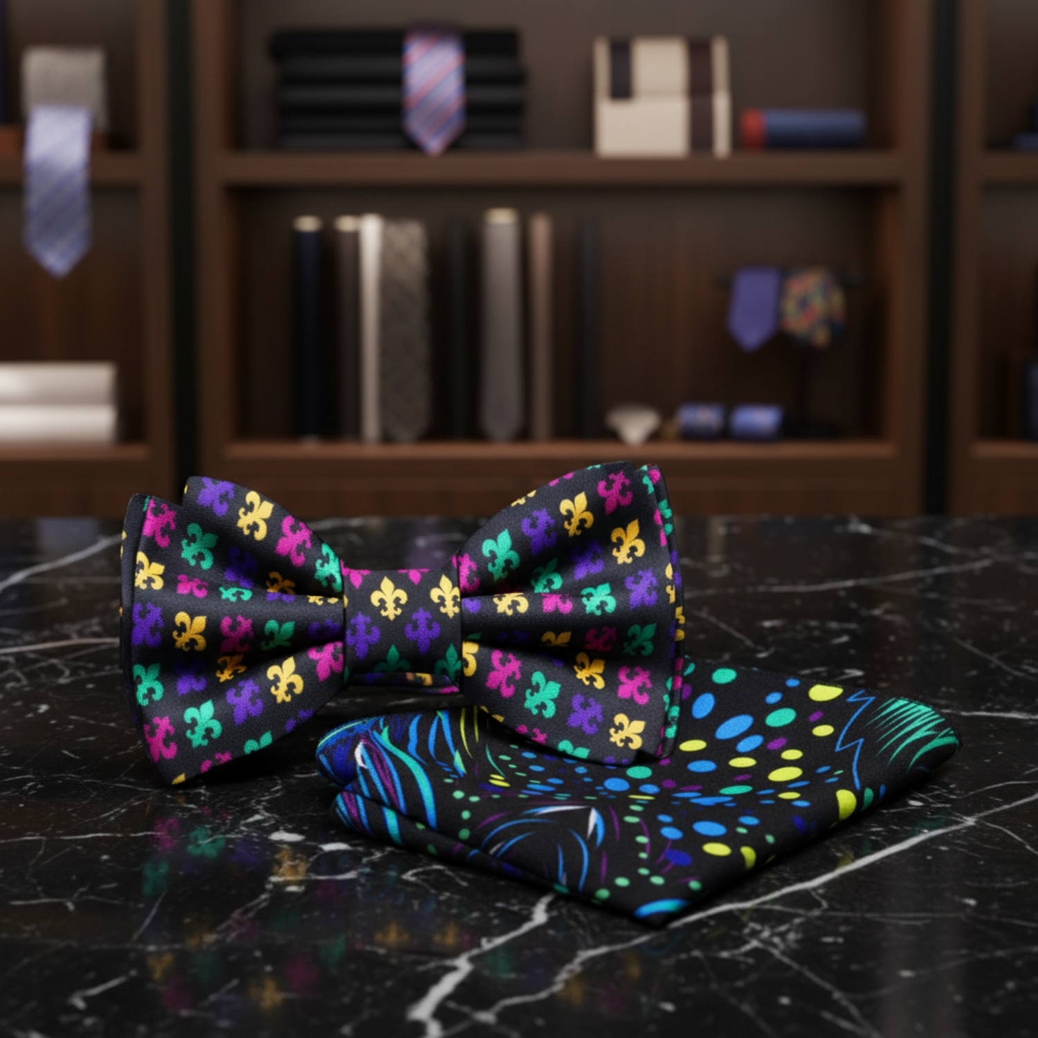 Black Yellow Pink Purple Teal Fleur De Lis Bow Tie and Accenting Square