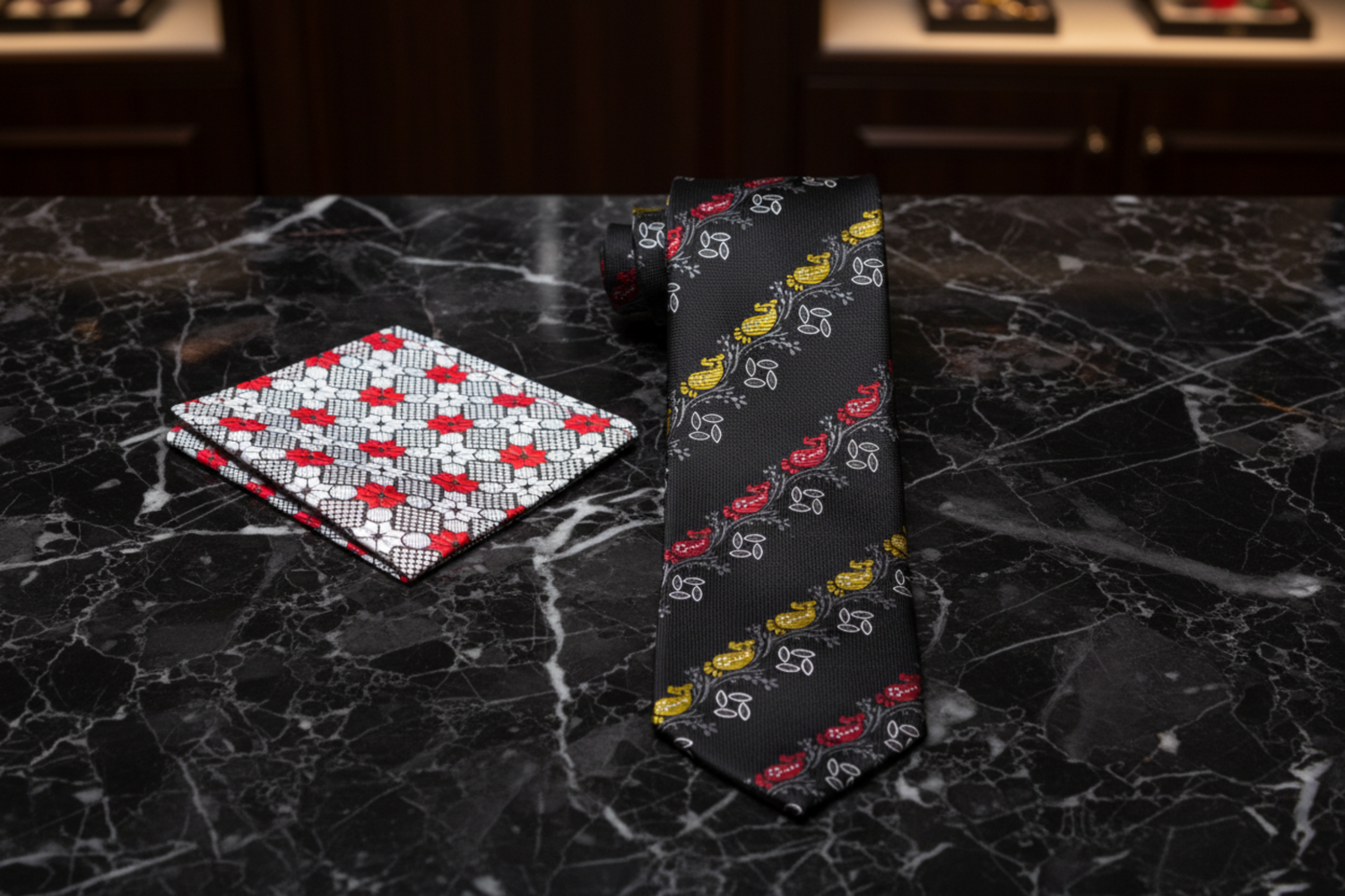 Black, Yellow, Red Paisley Tie and Accenting Pocket Square Alt View