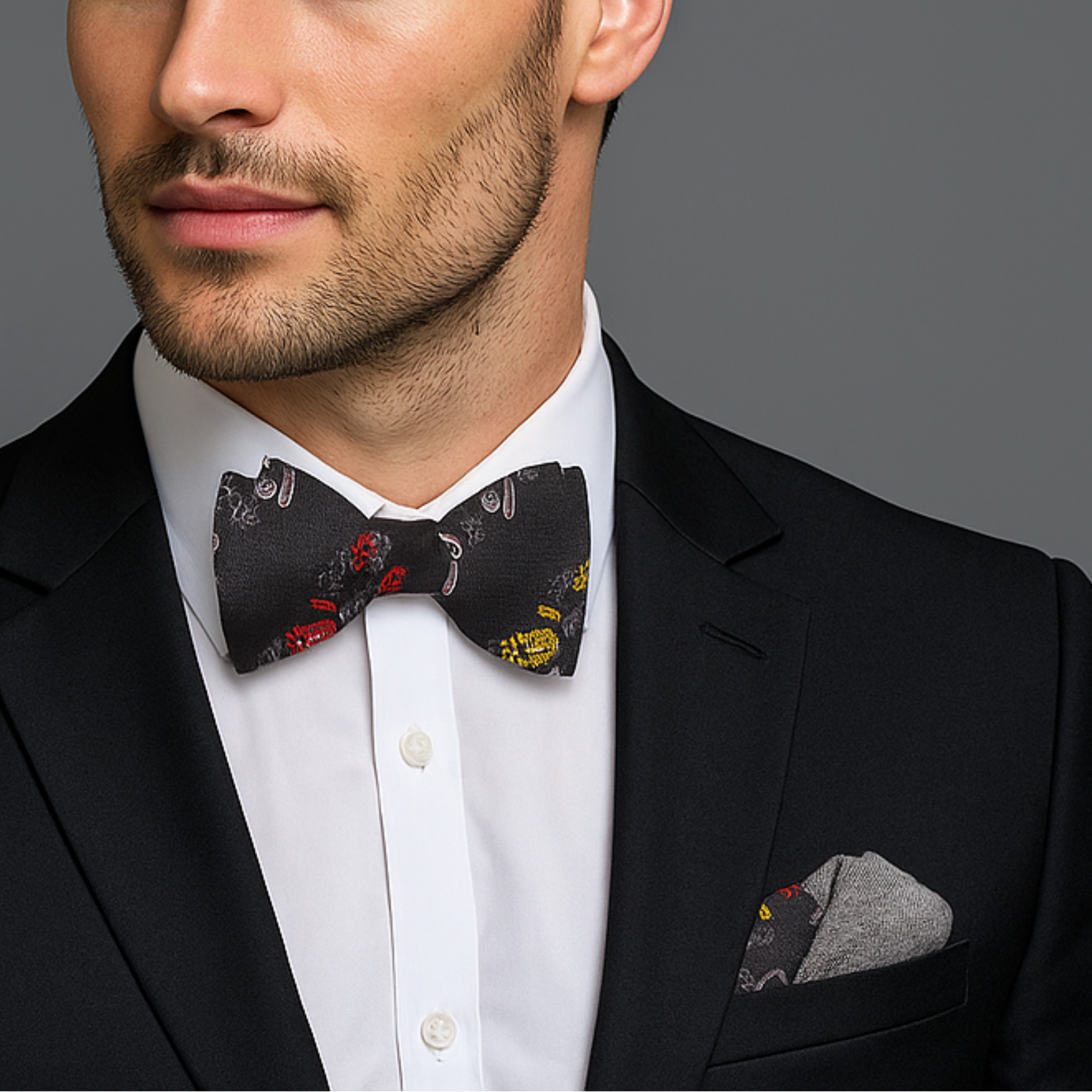 Man wearing a black suit with a patterned bow tie and pocket square on a gray background