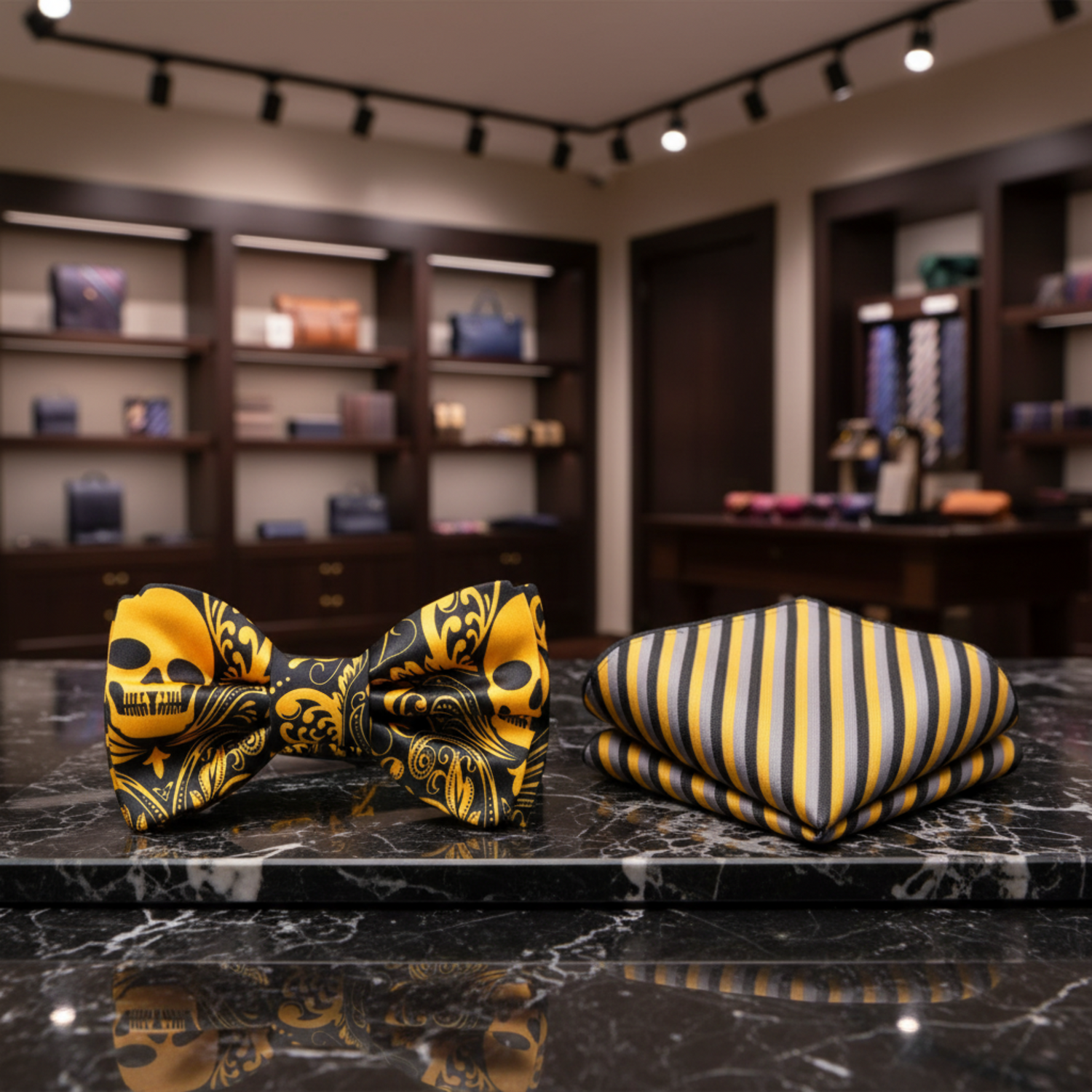 Black and Yellow Skull Bow Tie and Accenting Pocket Square