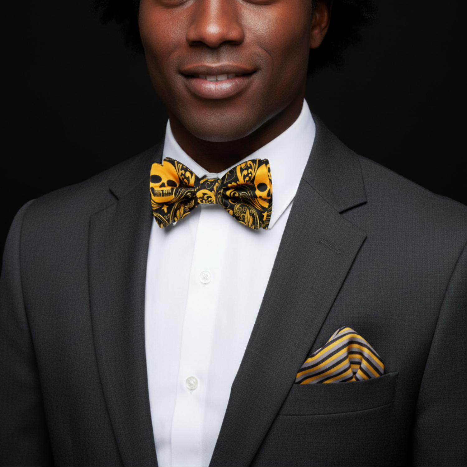 Man wearing a black suit with a yellow and black patterned bow tie and pocket square on a black background