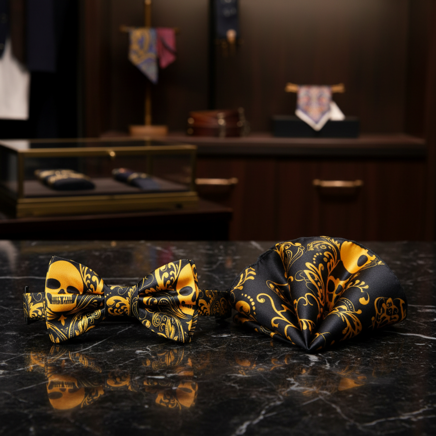 Black and Yellow Skull Bow Tie and Matching Pocket Square