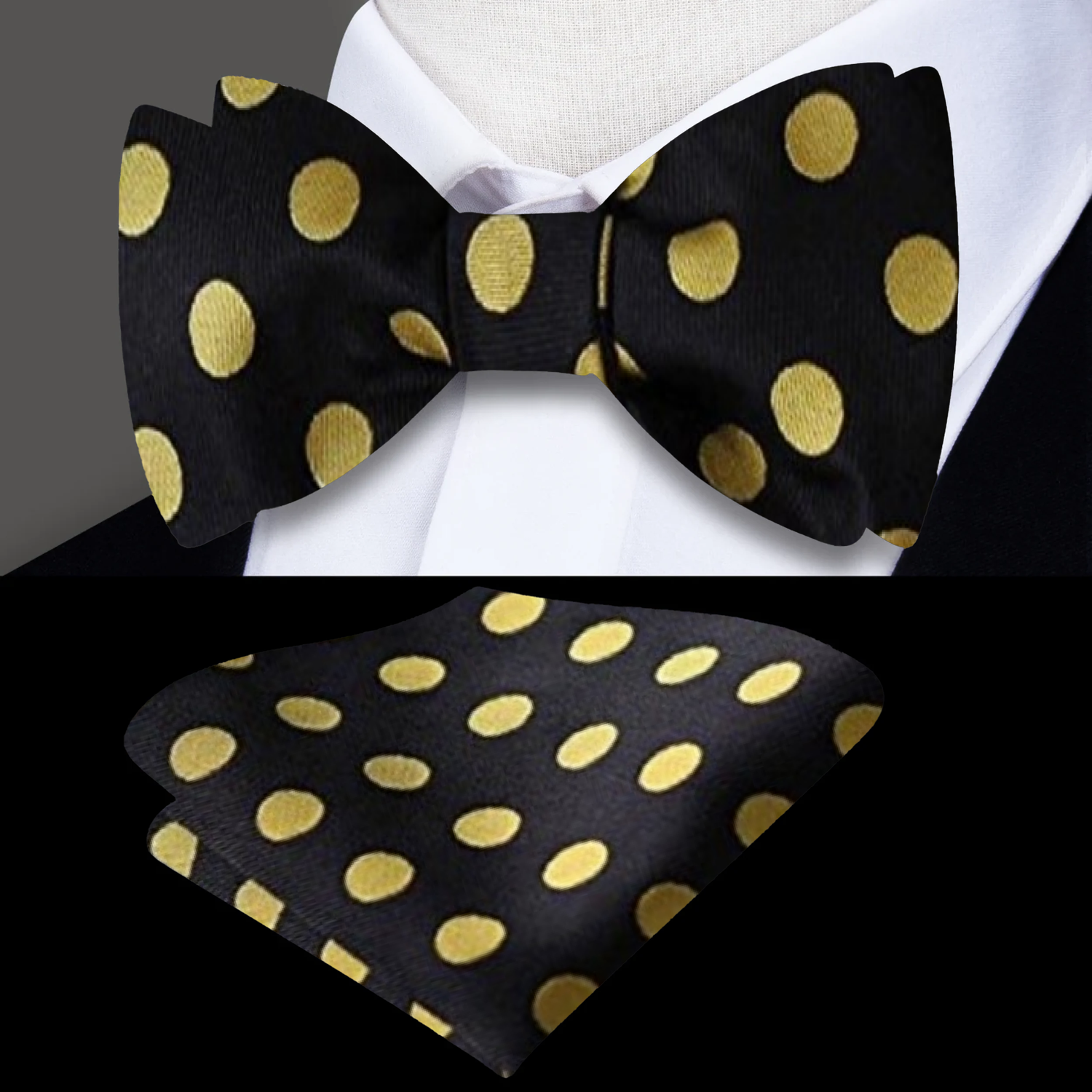 A Black, Gold Polka Pattern Self Tie Bow Tie Bow Tie and Square