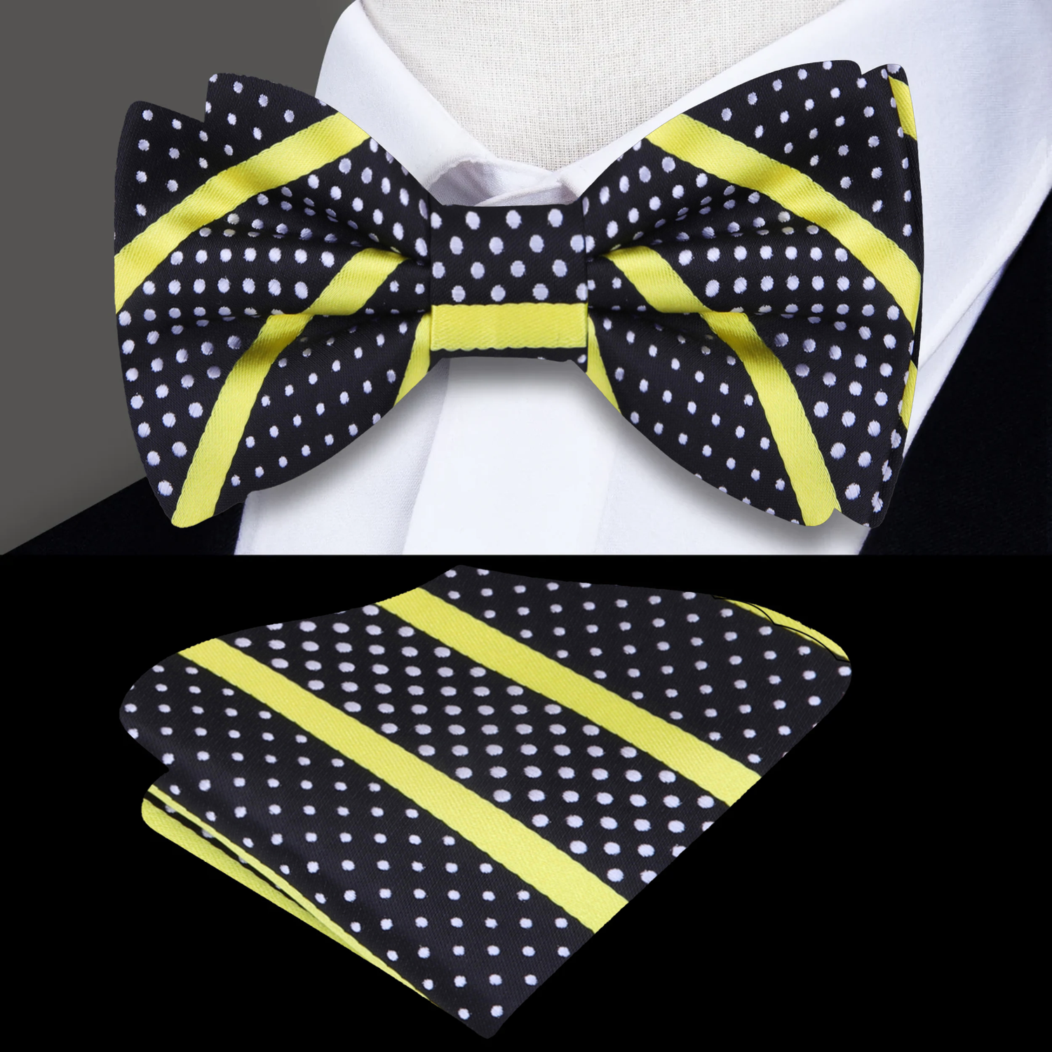 Yellow, Black, White Stripe Polka Bow Tie and Square