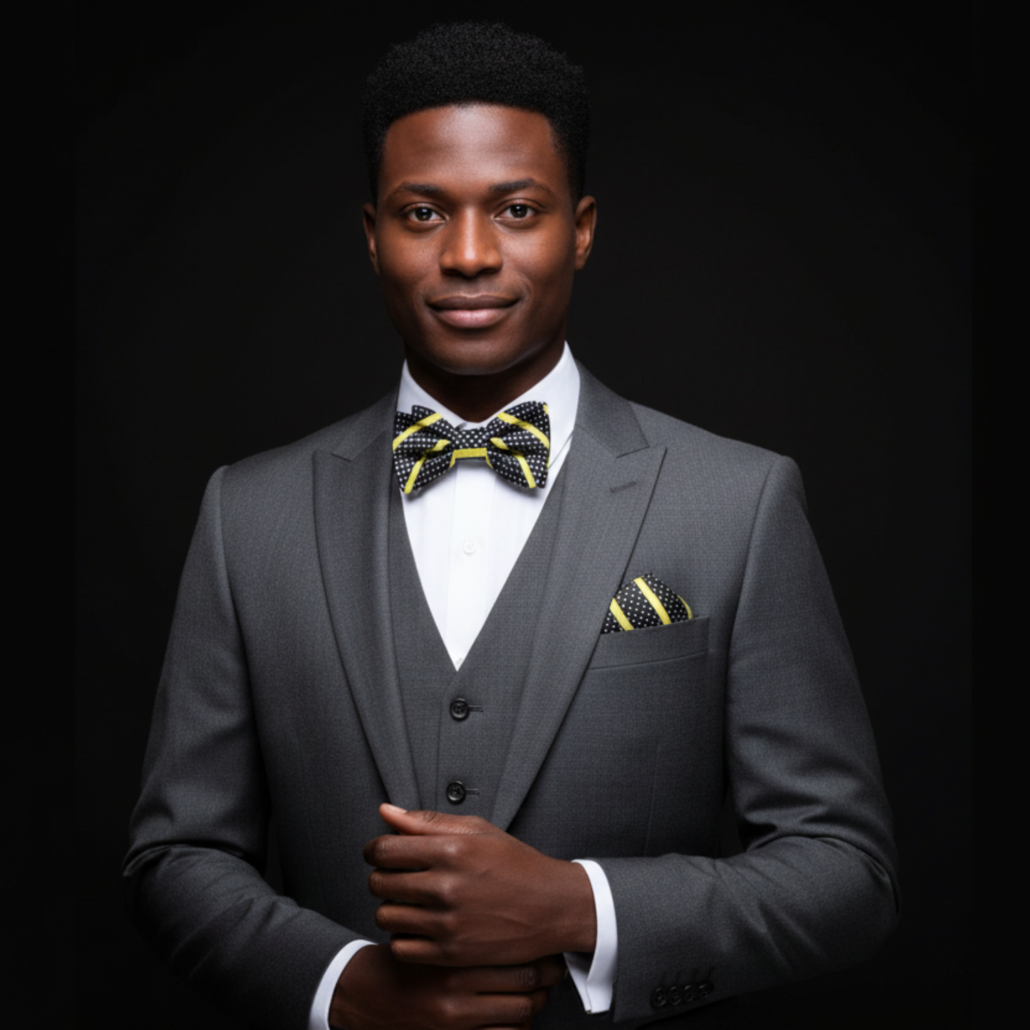 Man wearing a gray suit with a yellow bow tie and pocket square on a black background