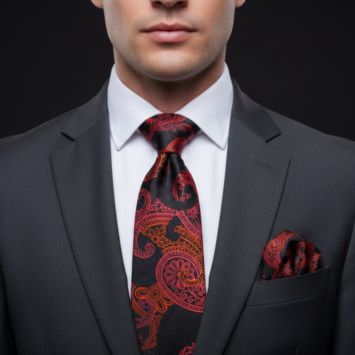 Man wearing a dark gray suit with a red and black paisley tie and pocket square on a black background