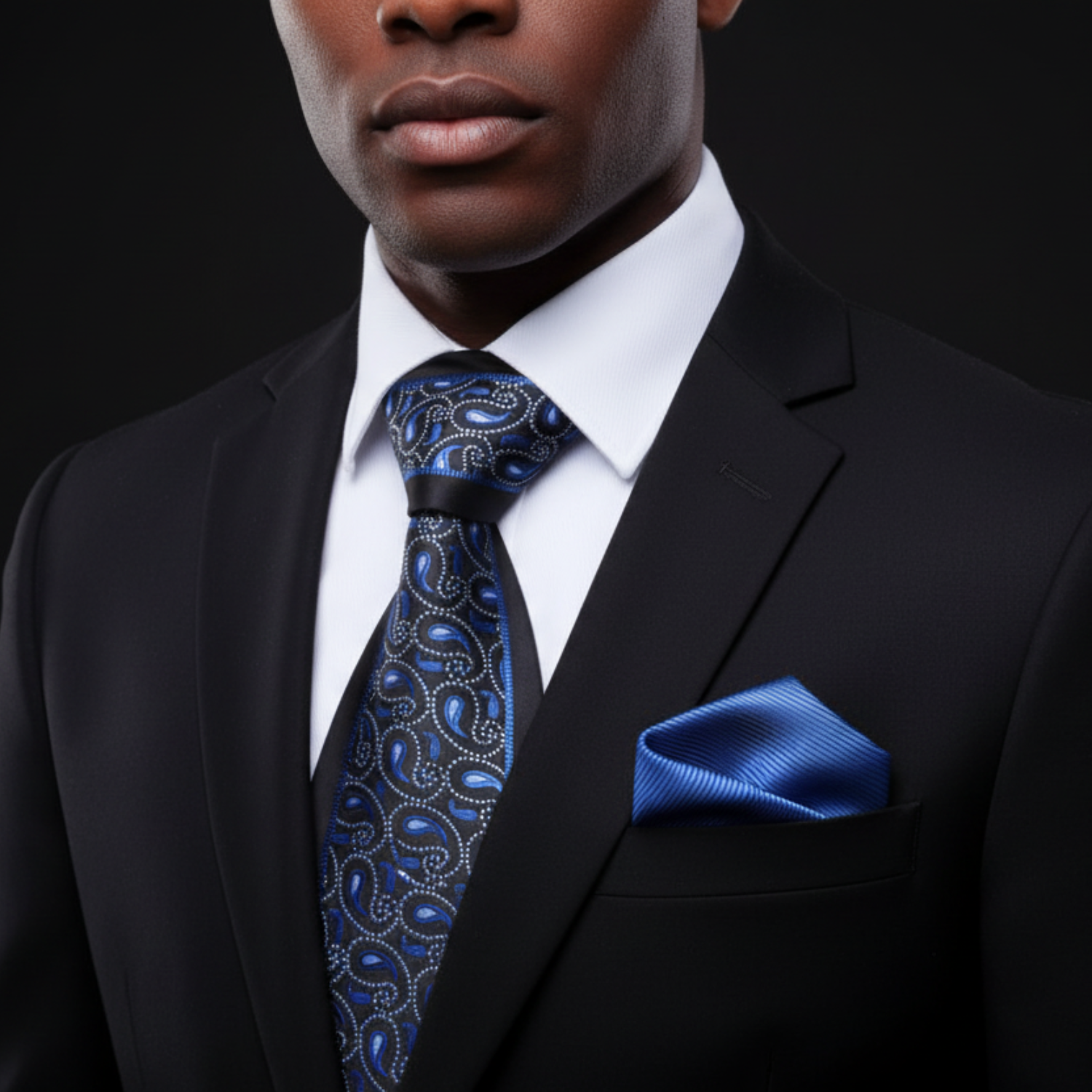 Man wearing a black suit with a blue patterned tie and pocket square on a dark background