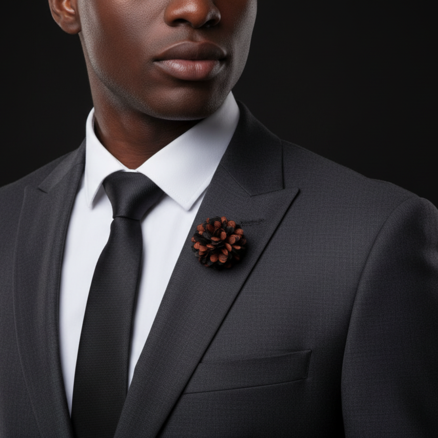 Man wearing brown and black lapel pin
