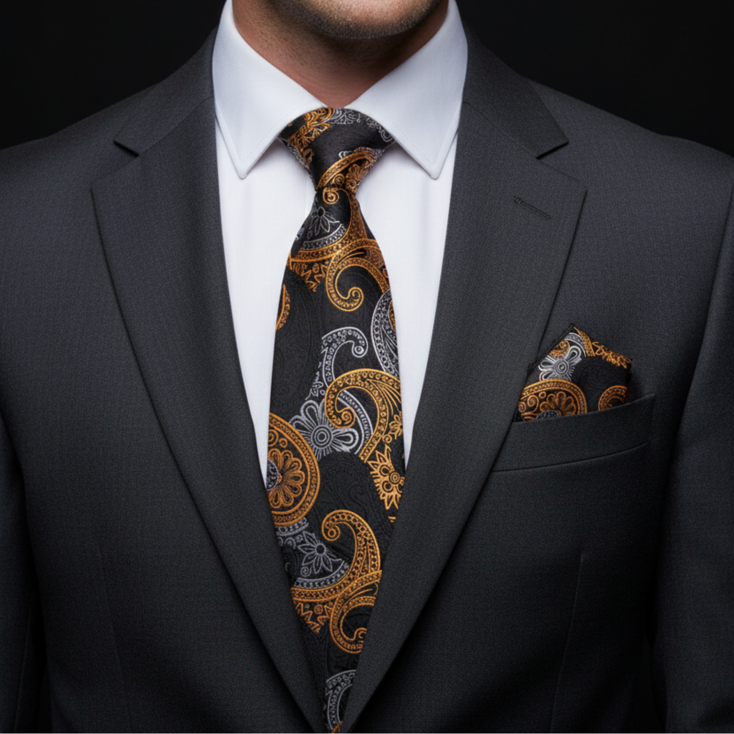 Black and Gold Paisley Tie and Square