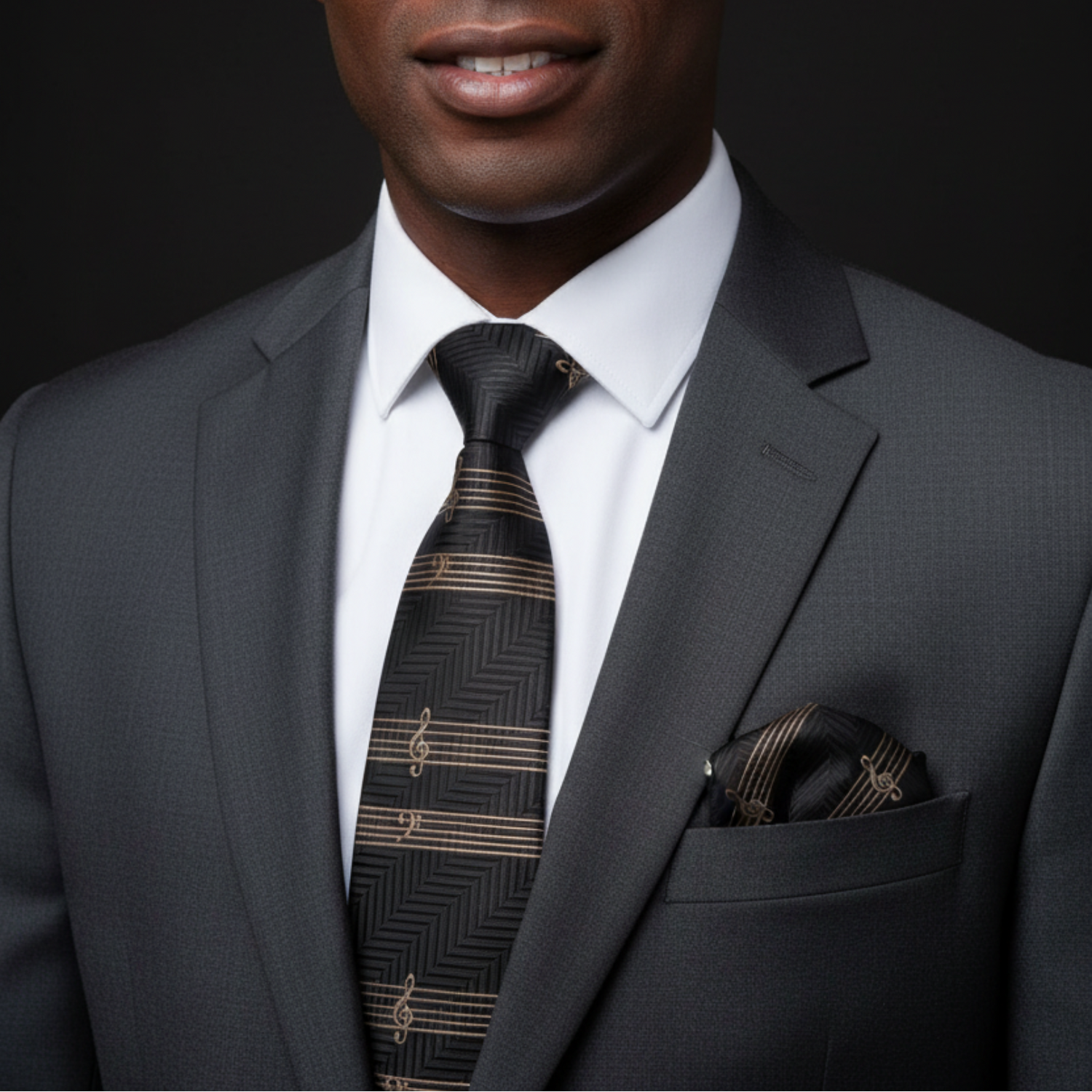Man wearing a gray suit with a patterned tie and pocket square on a black background