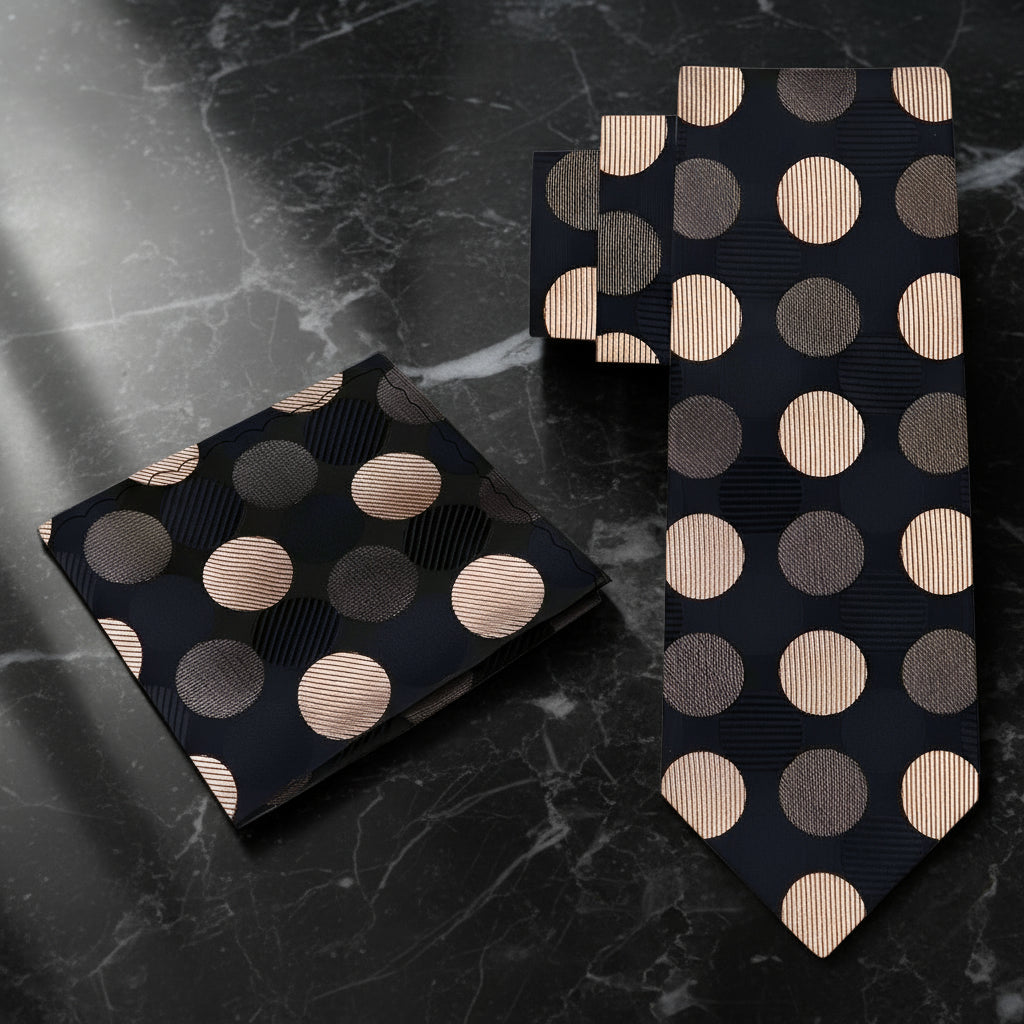 Black tie with beige polka dots on a wooden surface