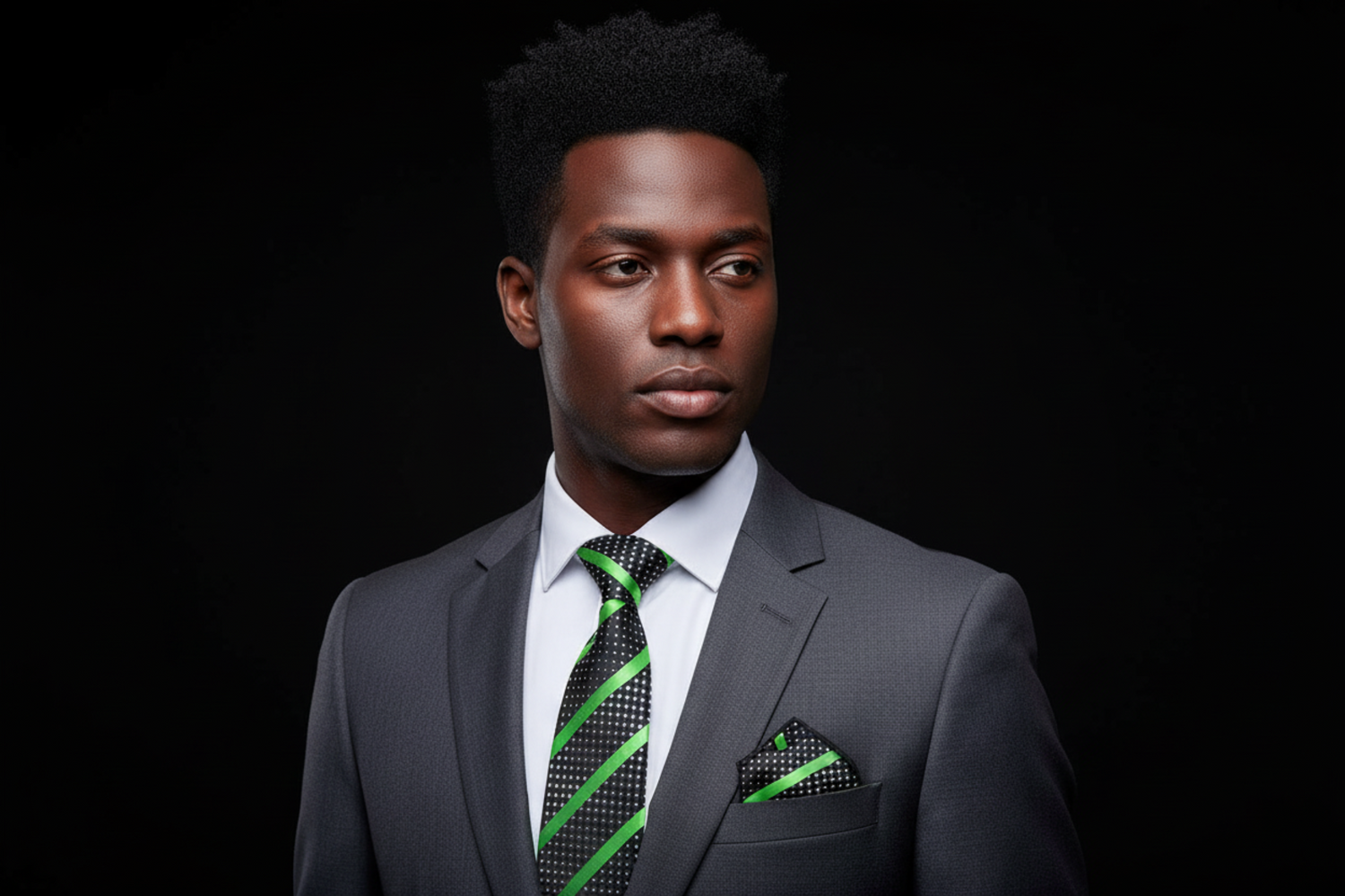 Man wearing a gray suit with a green tie and pocket square on a black background