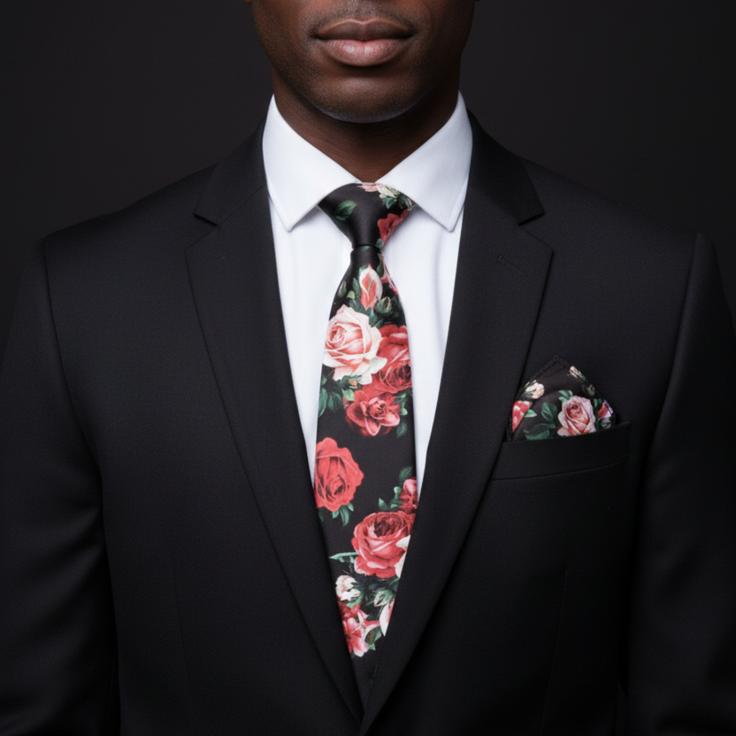 Man wearing a black suit with a floral tie and pocket square on a dark background