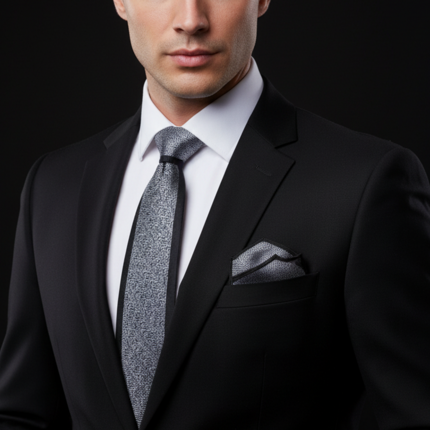 Man wearing a black suit with a gray tie and pocket square on a dark background