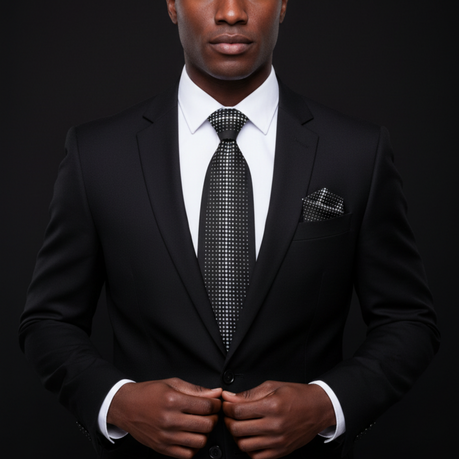 Man wearing a black suit with a patterned tie against a dark background